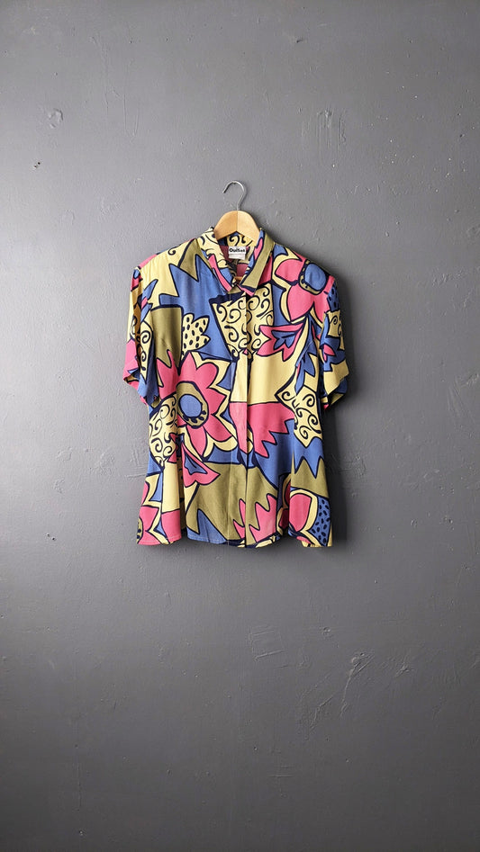 80s Modernist Art Shirt by Ouiset, Multicoloured Short Sleeve Flared Blouse, Size Large