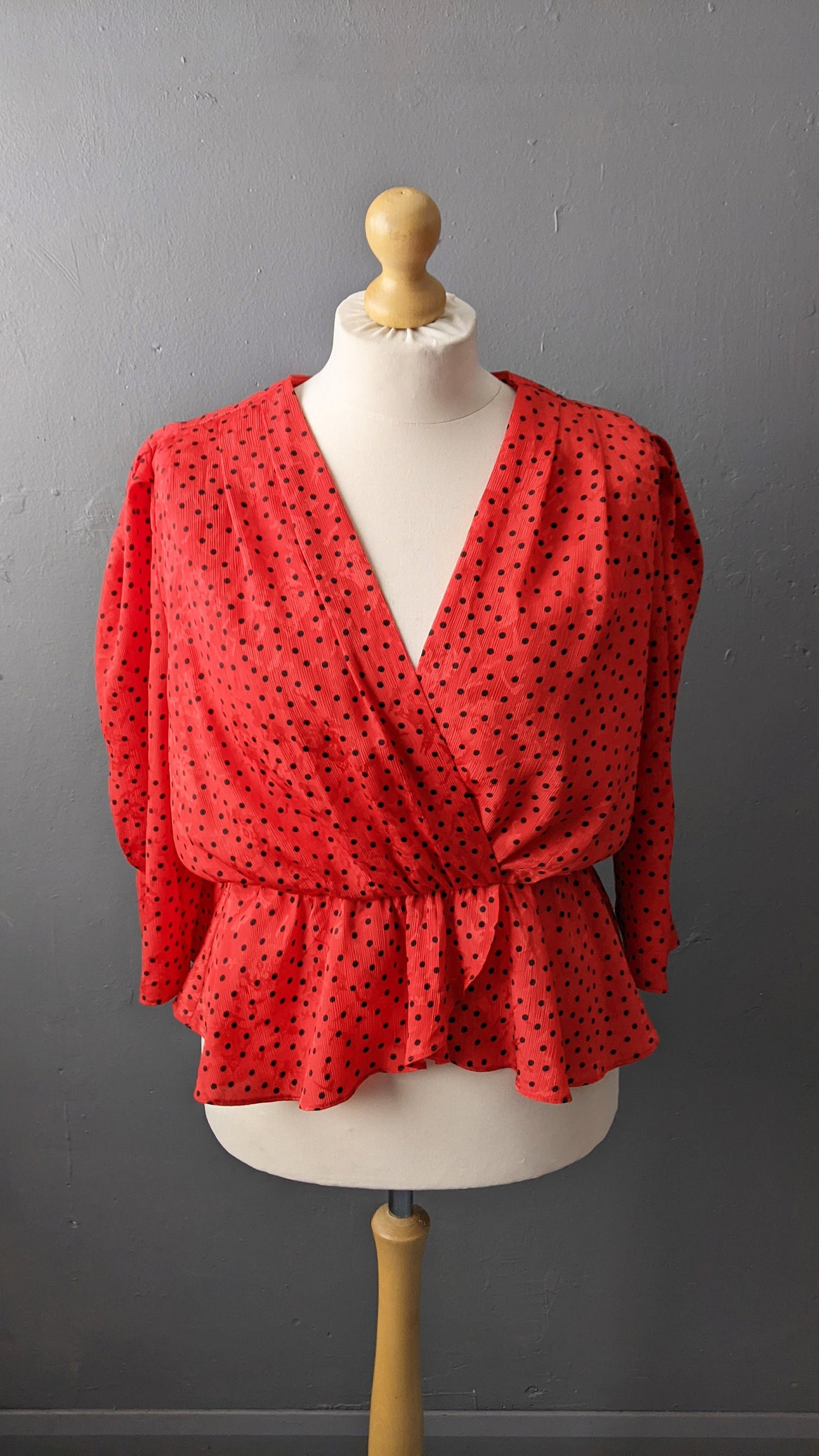 80s Polka Dot Wrap Peplum Blouse by Golden Gate, Plus Size XL