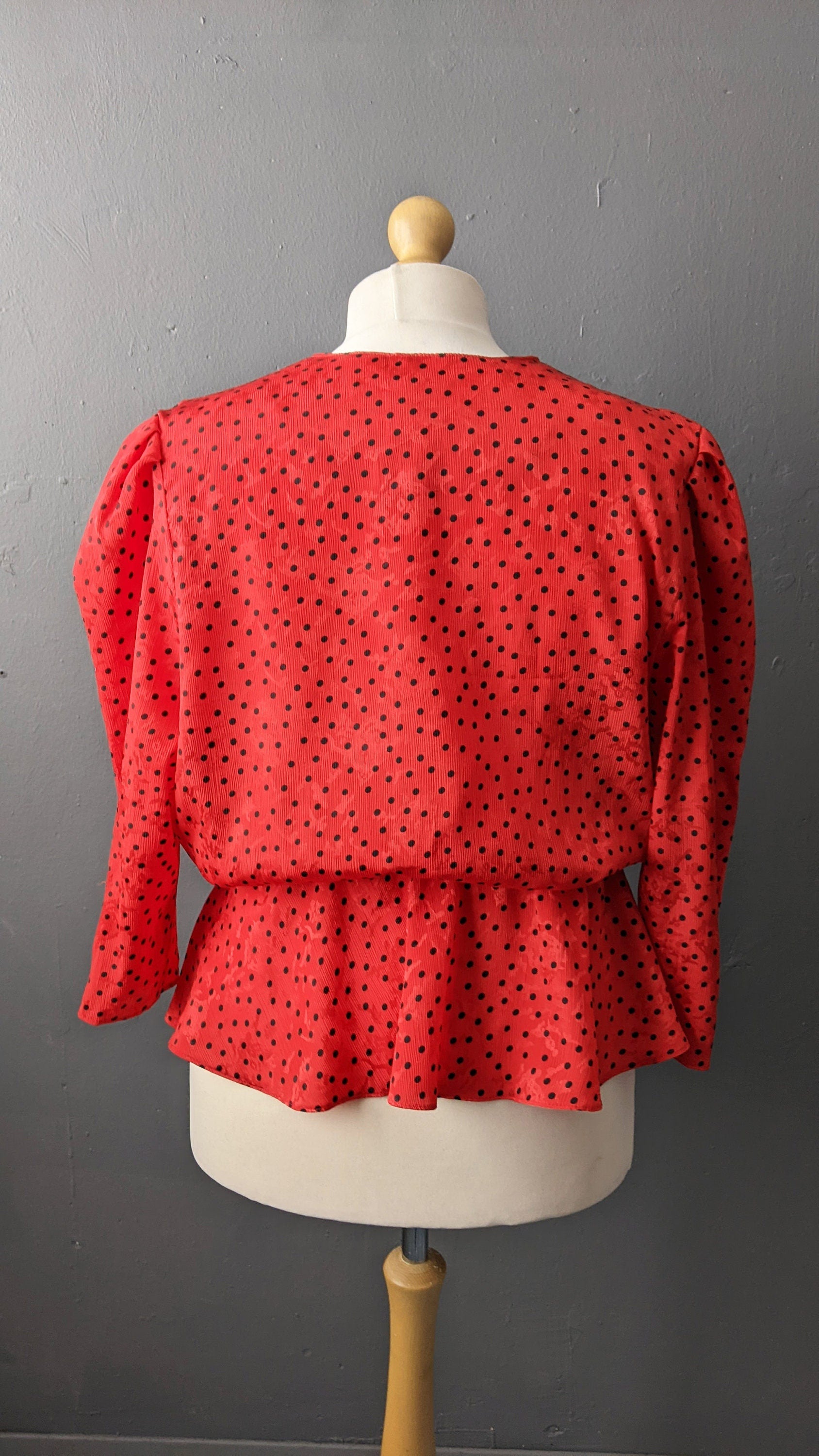 80s Polka Dot Wrap Peplum Blouse by Golden Gate, Plus Size XL