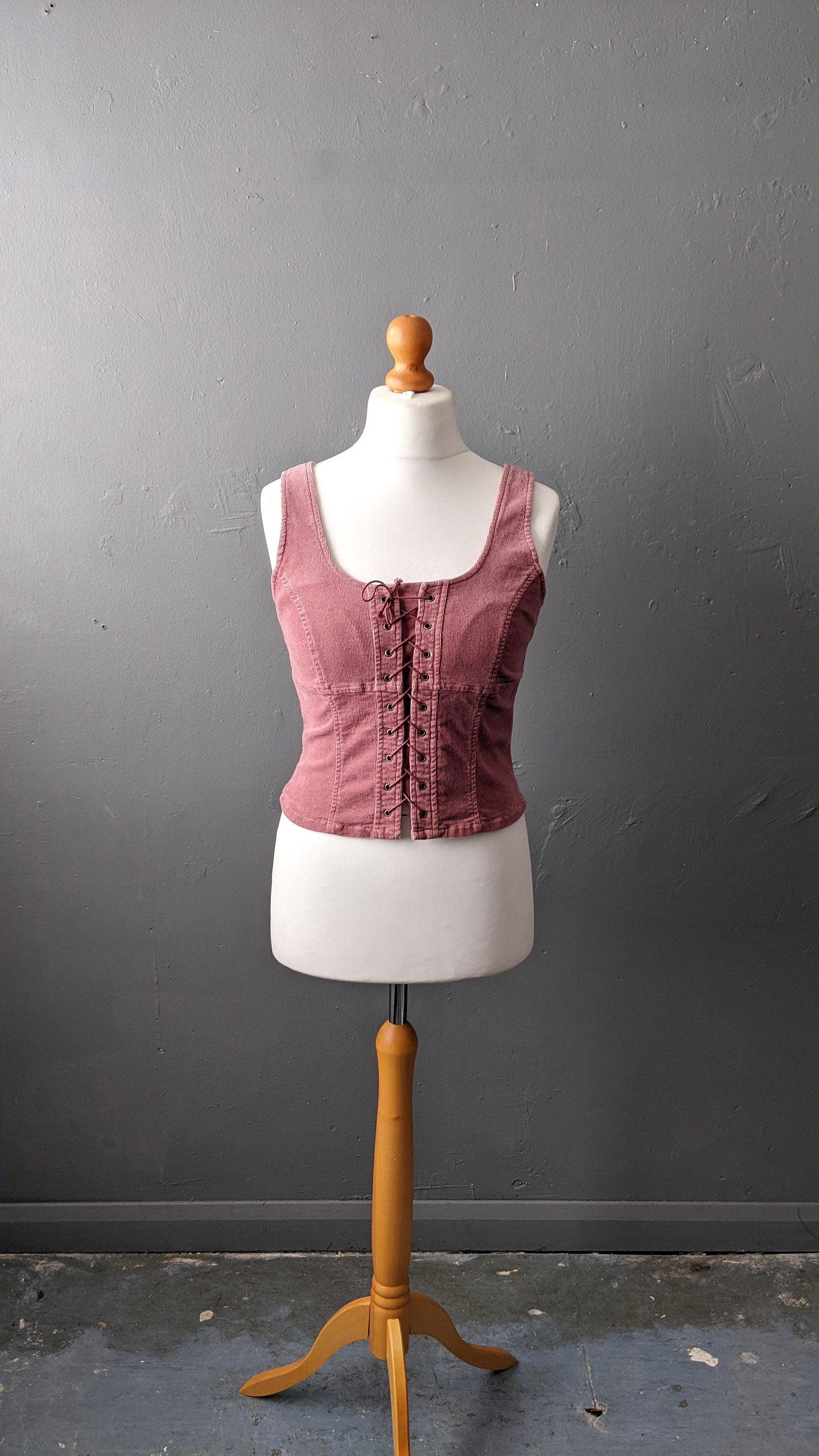 90s Pink Corduroy Bodice Vest with Front Lacing, Size Medium