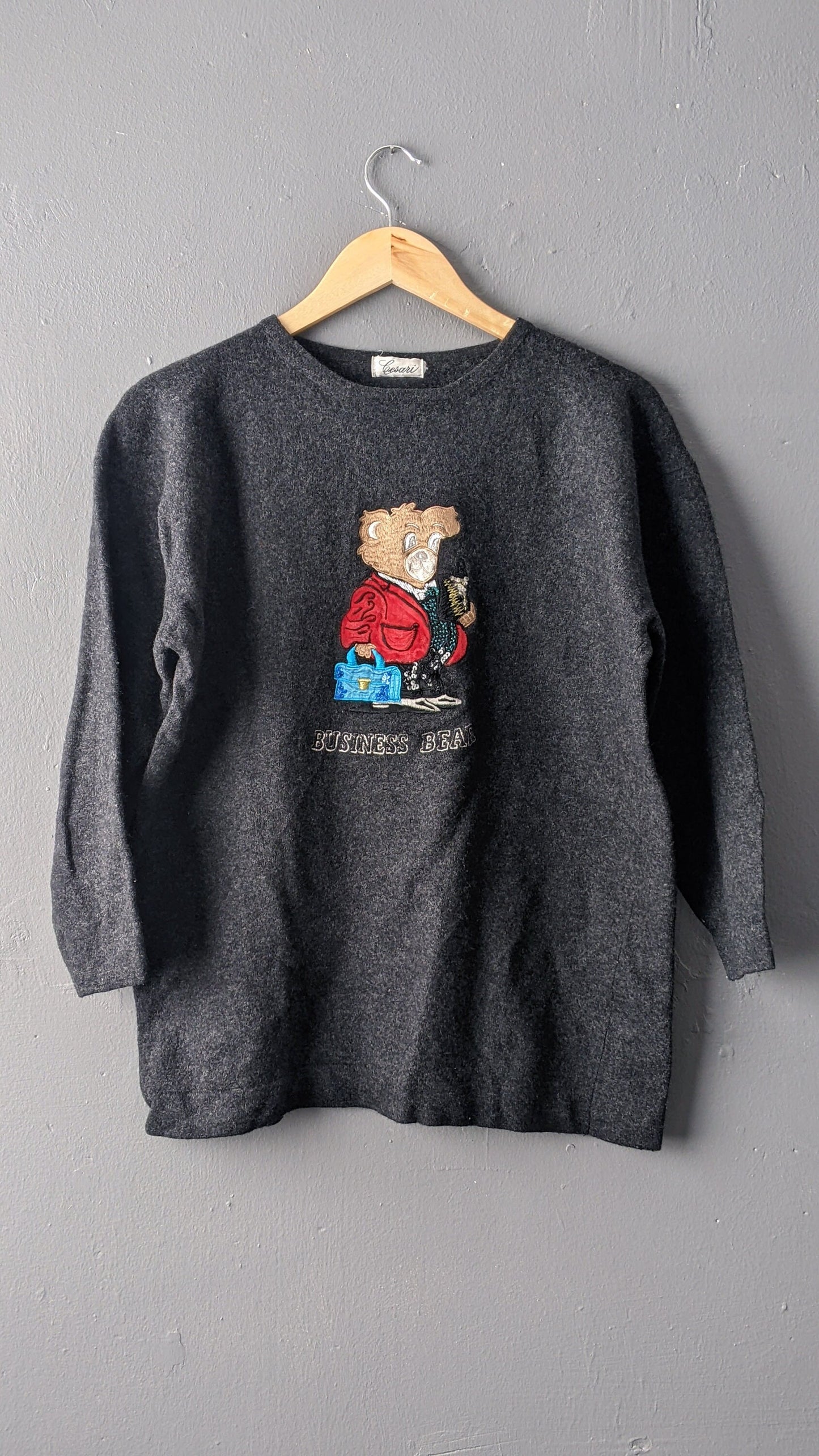 80s Teddybear Novelty Sweater, Kitsch Bear Wool Jumper, Size Large