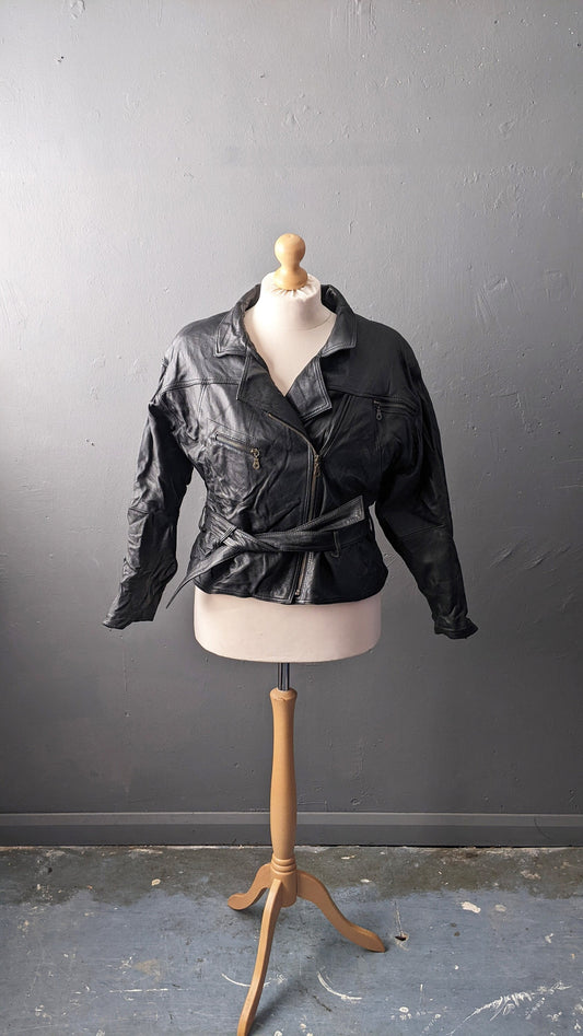 Vintage 80s Leather Coat, Eighties Batwing Biker Jacket, Size Large