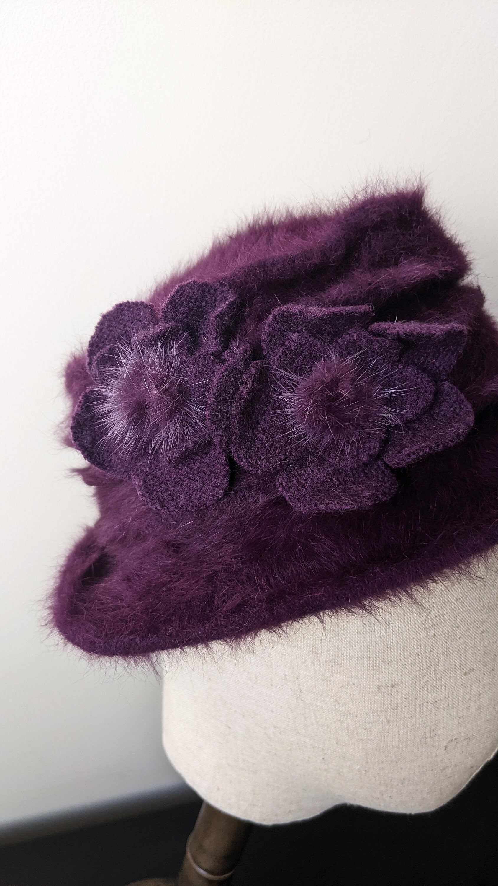 90s Fluffy Plum Angora Fur Hat, Soft Winter Headwear, Size Small