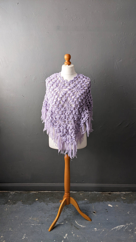 Vintage Pastel Lilac Crochet Poncho with Tassel Fringe, One Size