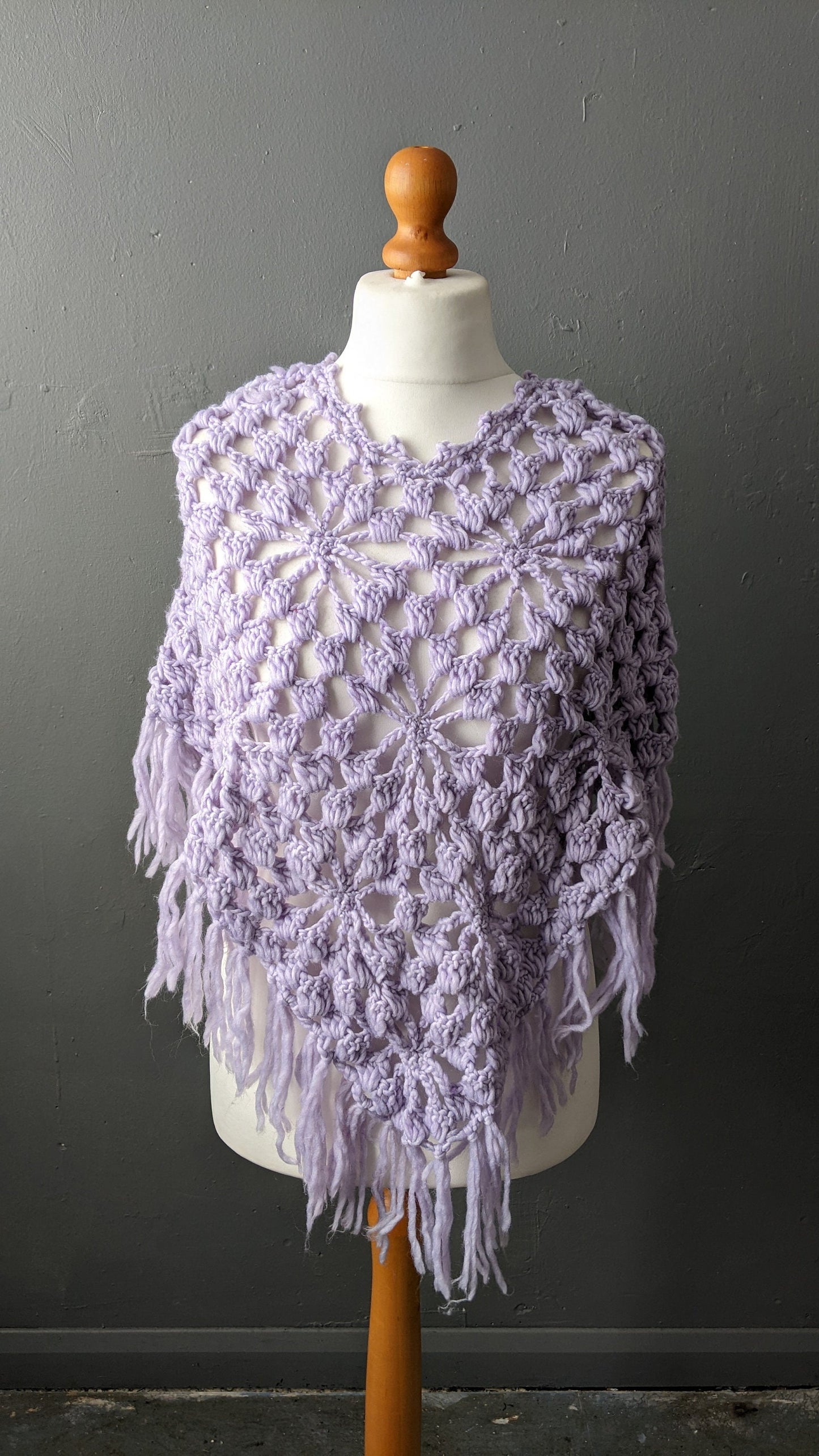 Vintage Pastel Lilac Crochet Poncho with Tassel Fringe, One Size