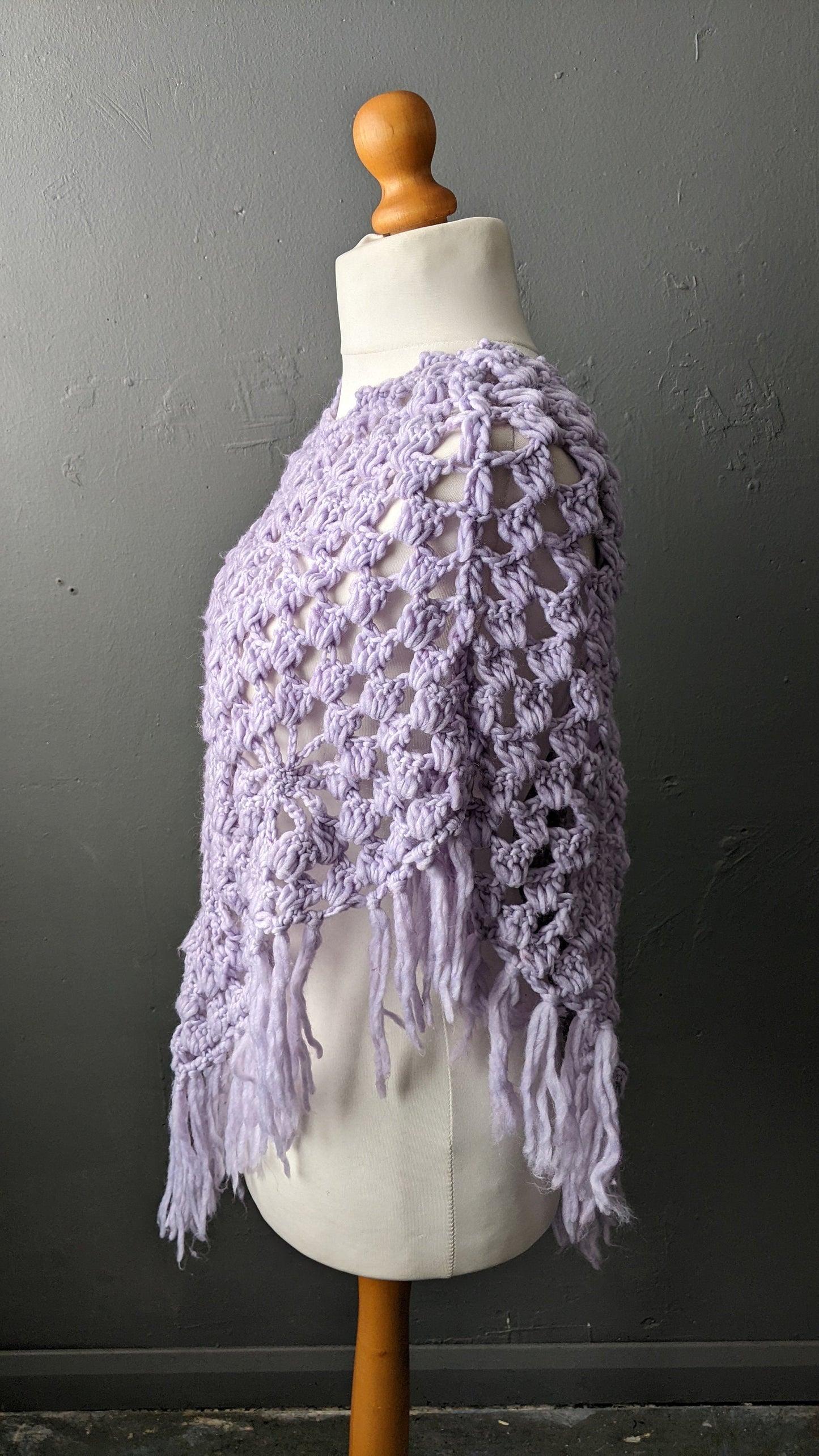 Vintage Pastel Lilac Crochet Poncho with Tassel Fringe, One Size