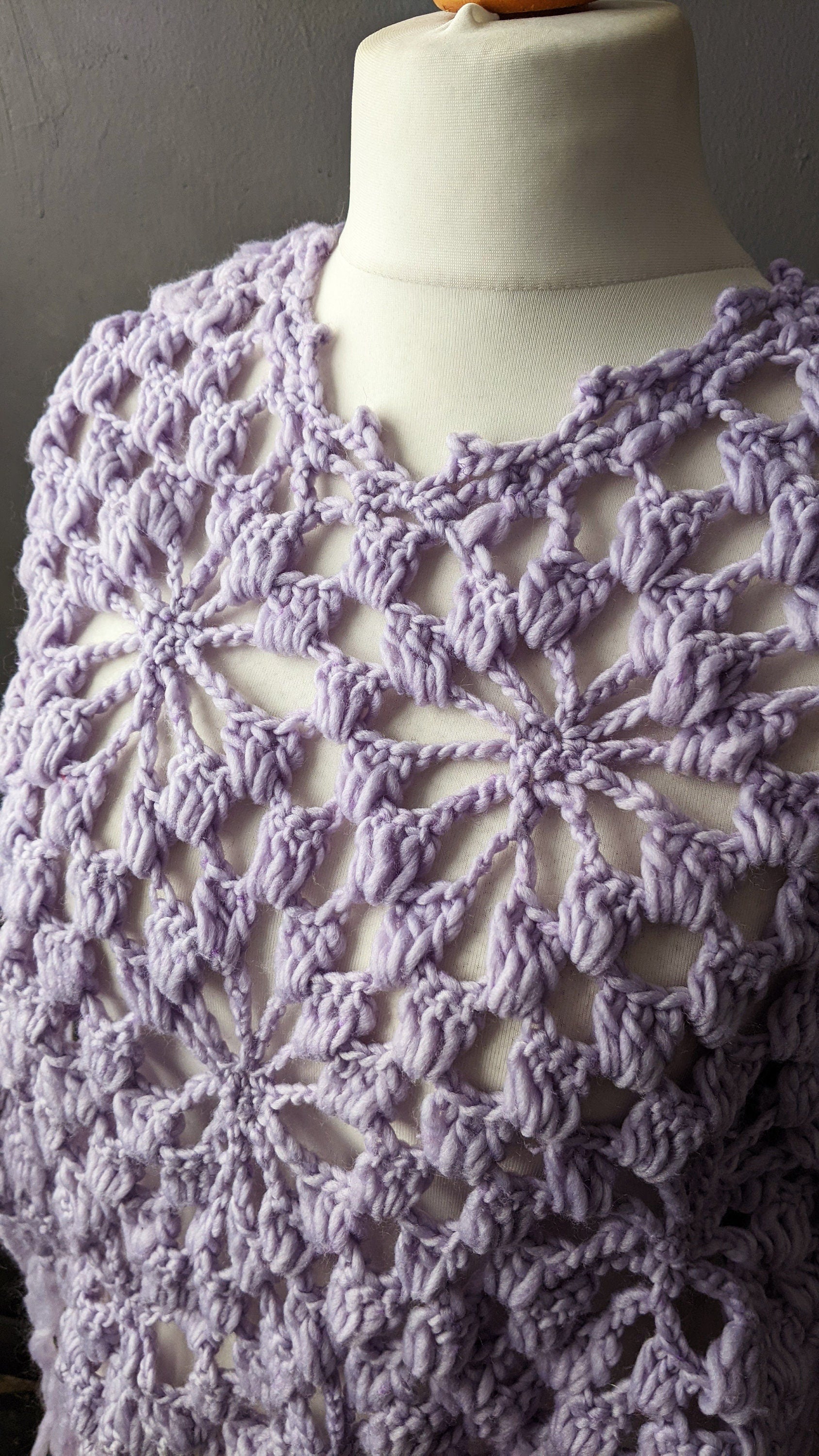 Vintage Pastel Lilac Crochet Poncho with Tassel Fringe, One Size