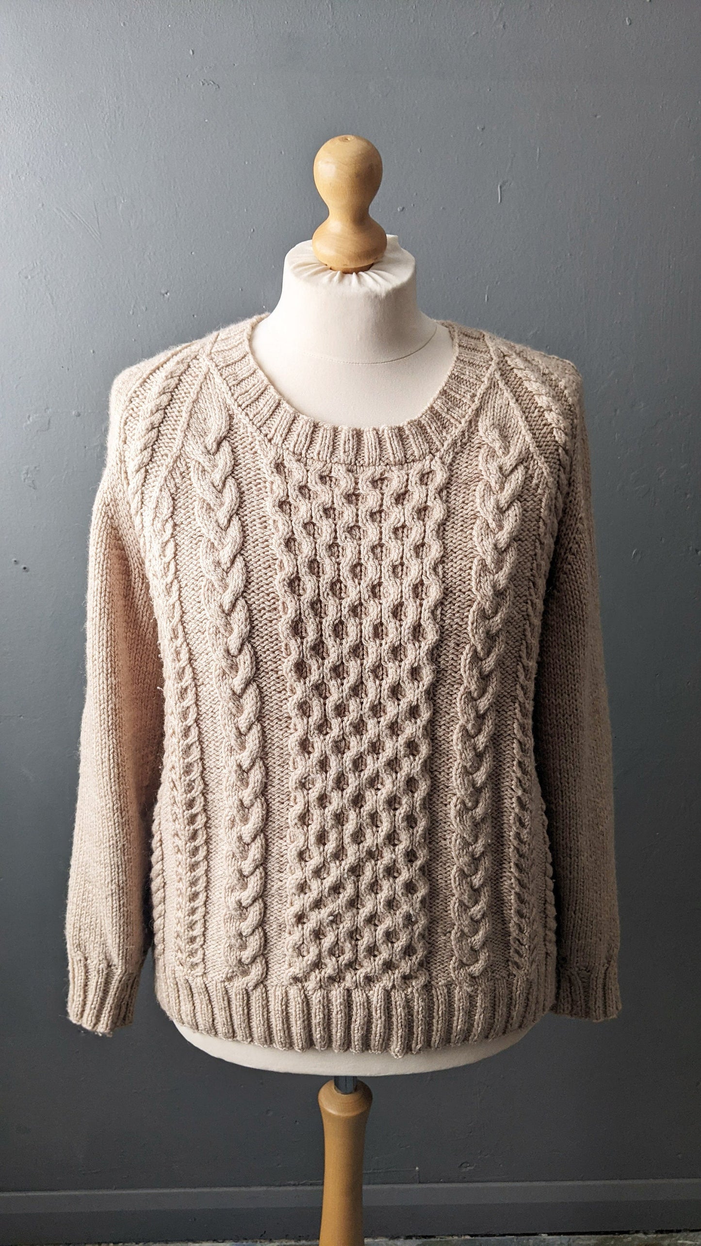 Vintage Aran Wool Jumper, Unisex Cable Knit Pullover, Plus Size 46 Chest