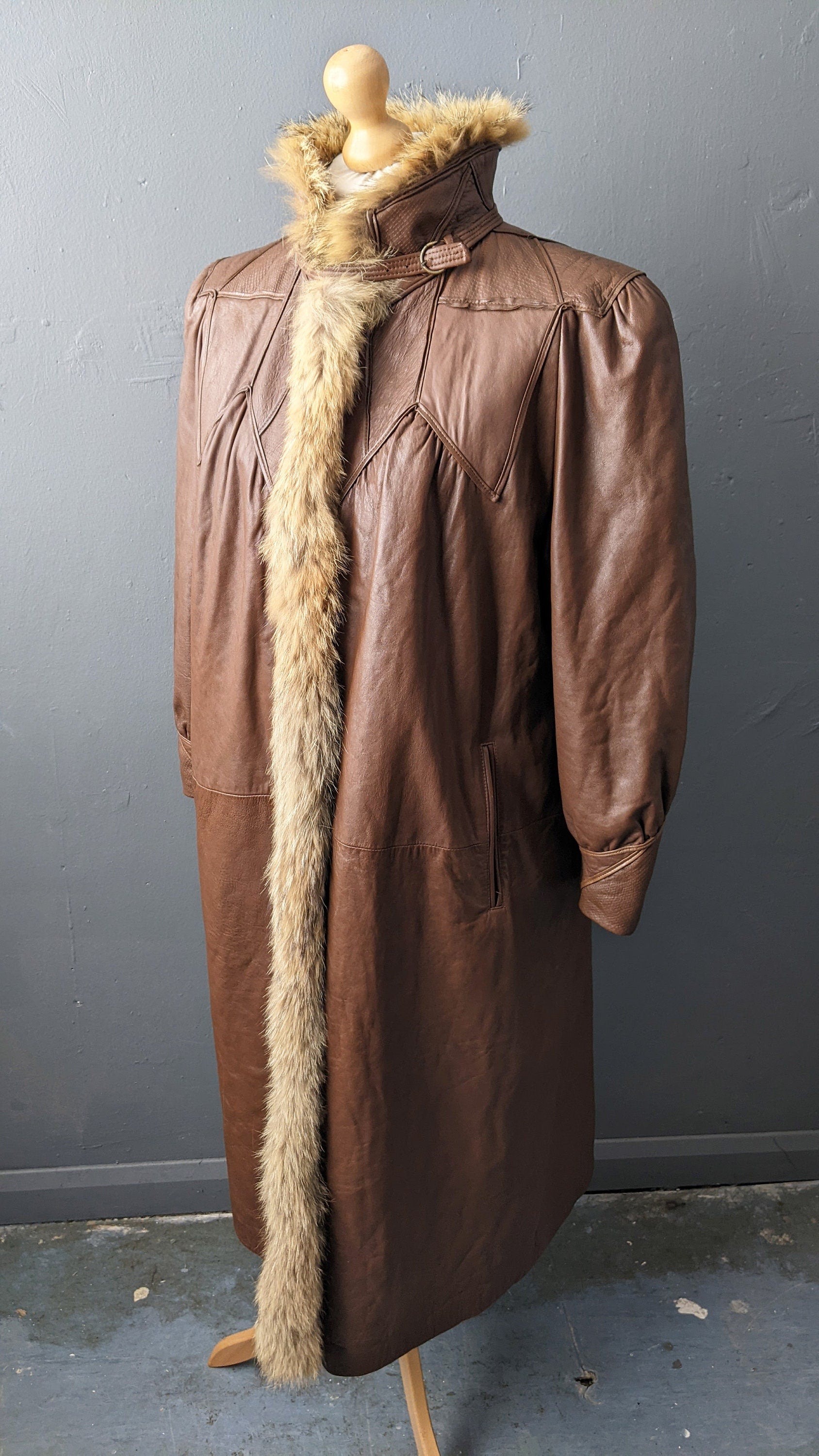 80s Fox Fur Leather Coat, Vintage Swing Jacket, Plus Size XL XXL