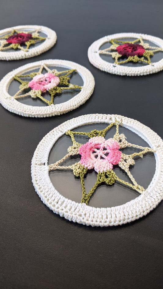 Vintage Crochet Glass Coasters, Set of Five Floral Drinks Mats