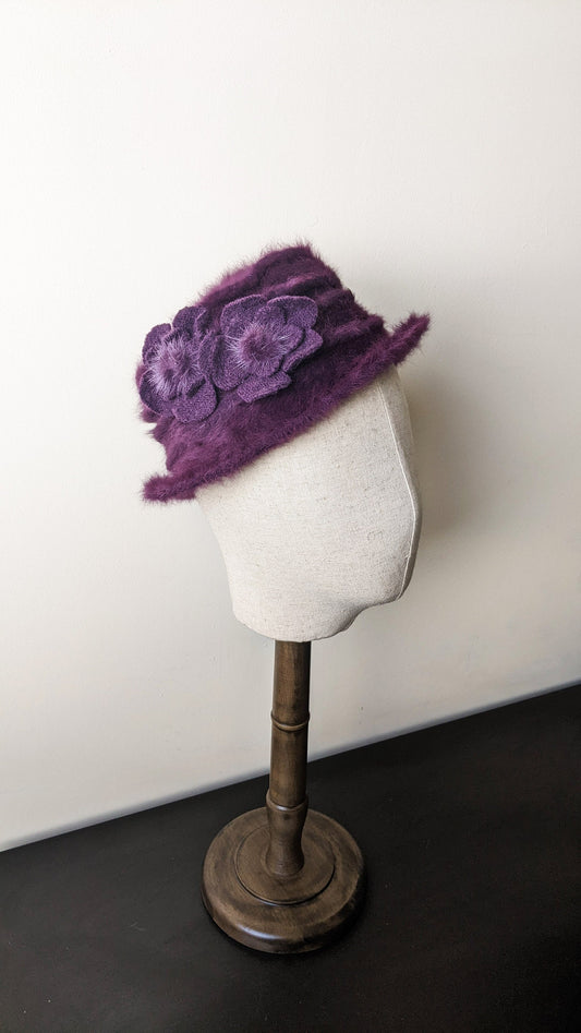 90s Fluffy Plum Angora Fur Hat, Soft Winter Headwear, Size Small