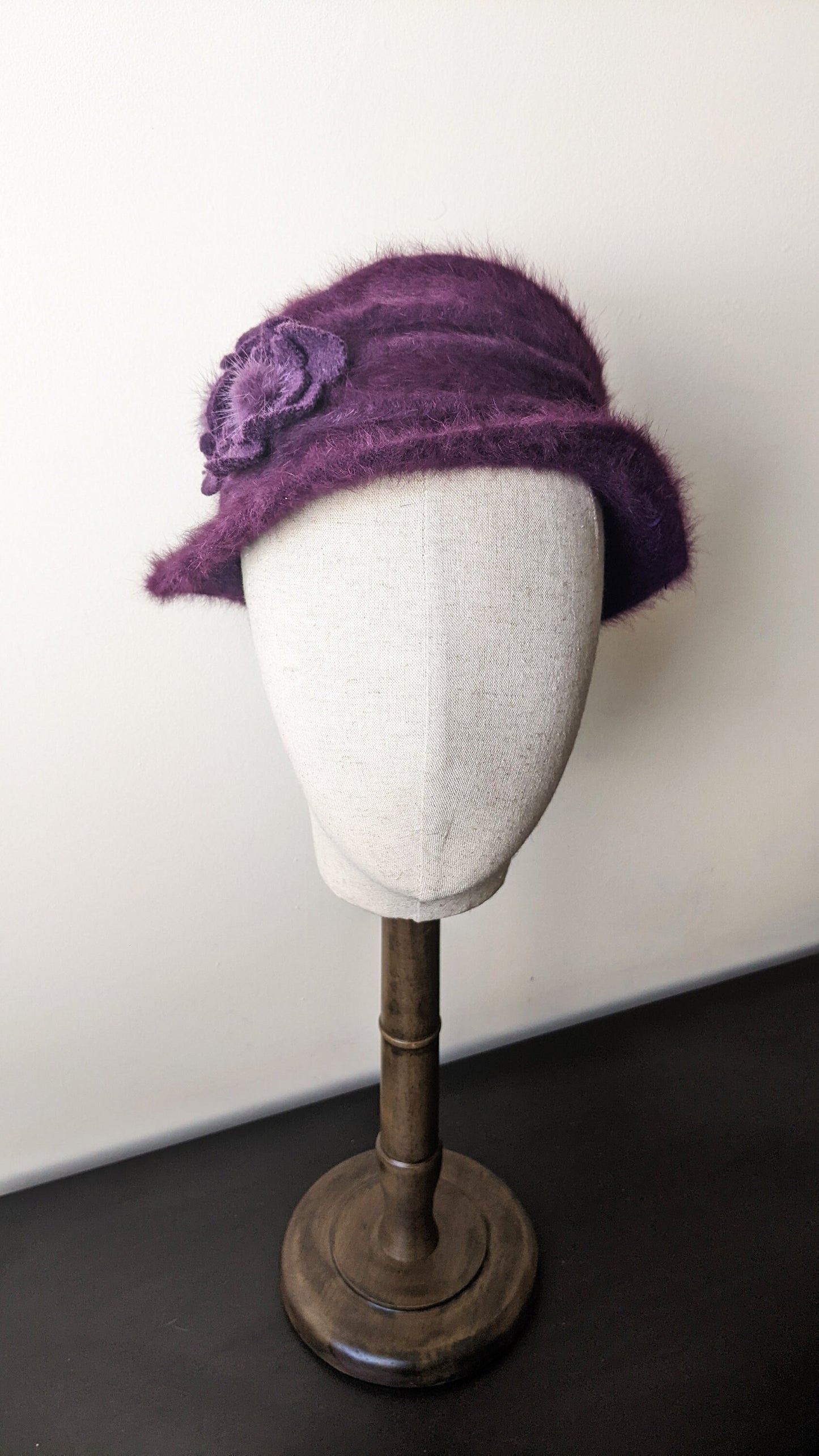 90s Fluffy Plum Angora Fur Hat, Soft Winter Headwear, Size Small