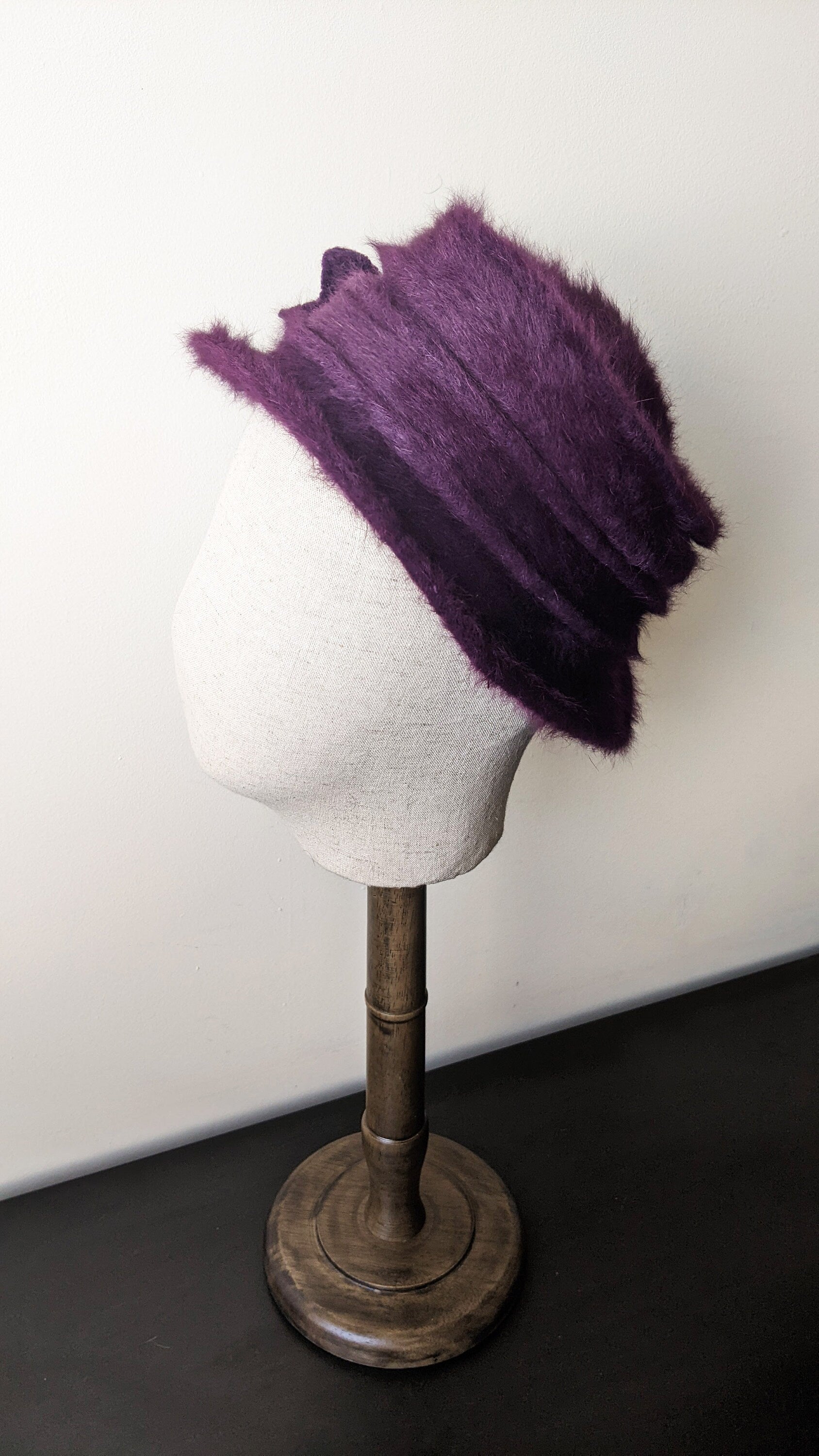 90s Fluffy Plum Angora Fur Hat, Soft Winter Headwear, Size Small