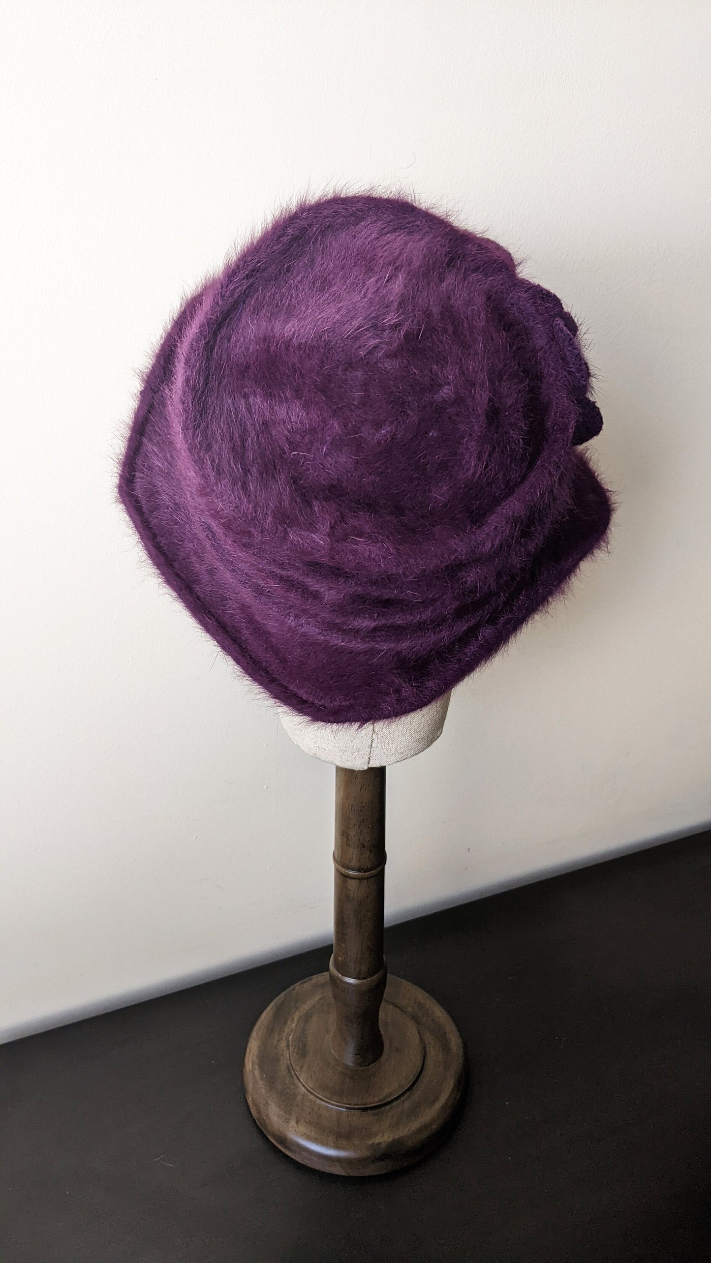 90s Fluffy Plum Angora Fur Hat, Soft Winter Headwear, Size Small