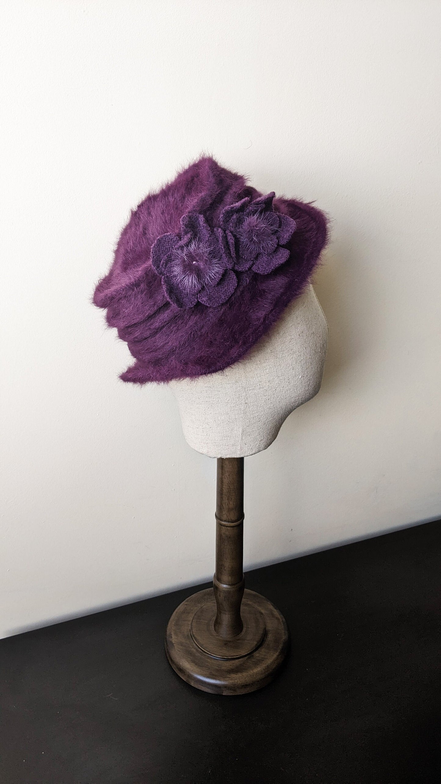 90s Fluffy Plum Angora Fur Hat, Soft Winter Headwear, Size Small