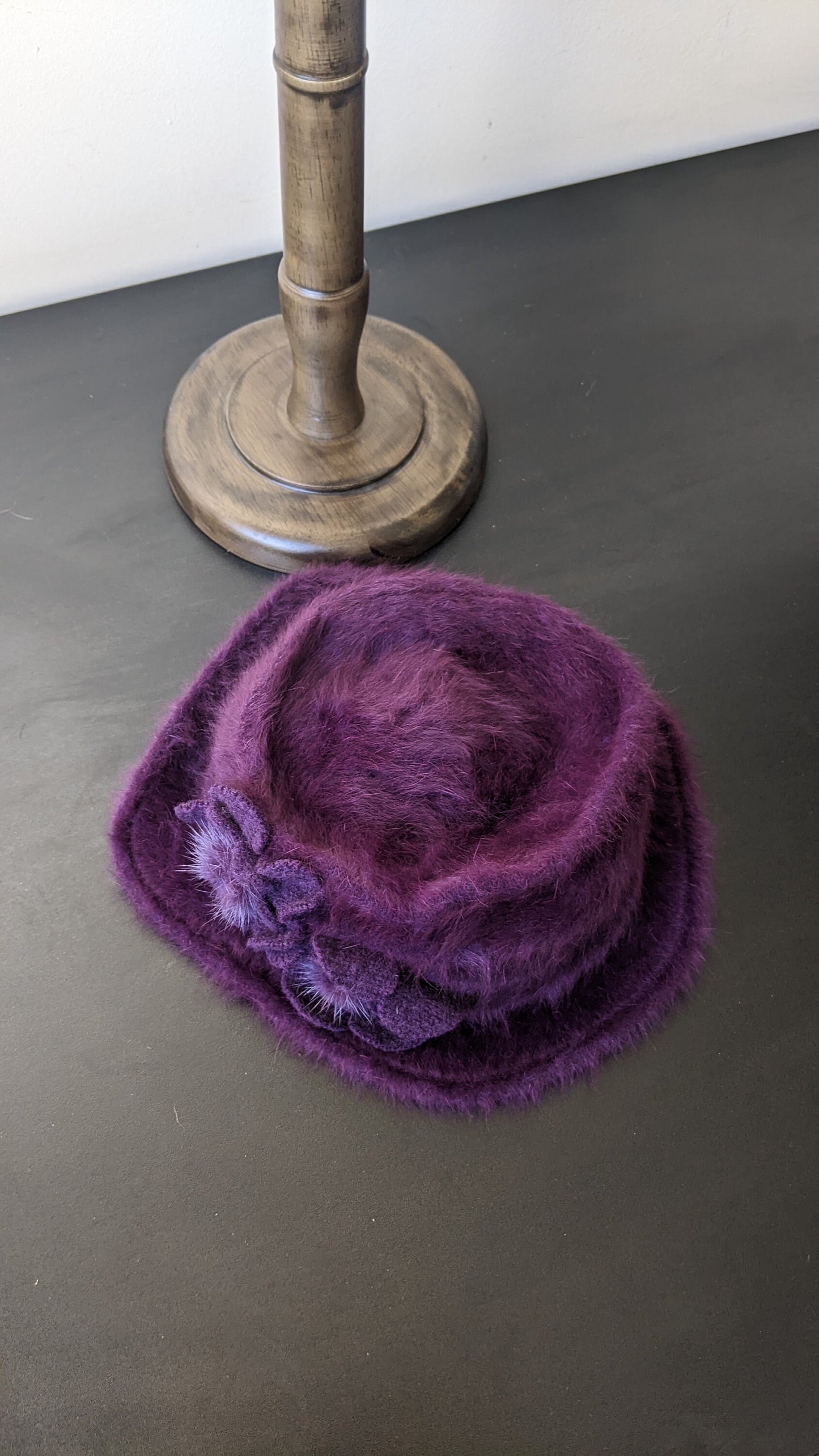 90s Fluffy Plum Angora Fur Hat, Soft Winter Headwear, Size Small