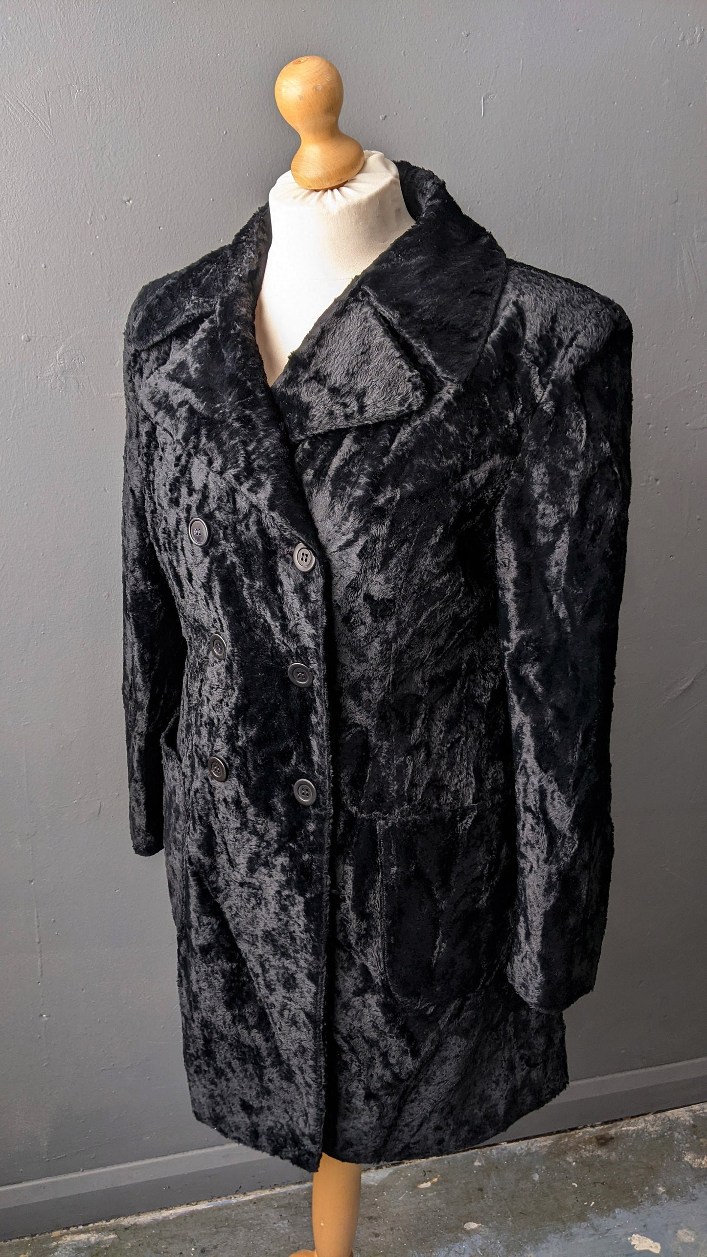 90s Black Faux Fur Pea Coat, Double Breasted Gothic Jacket, Size XL