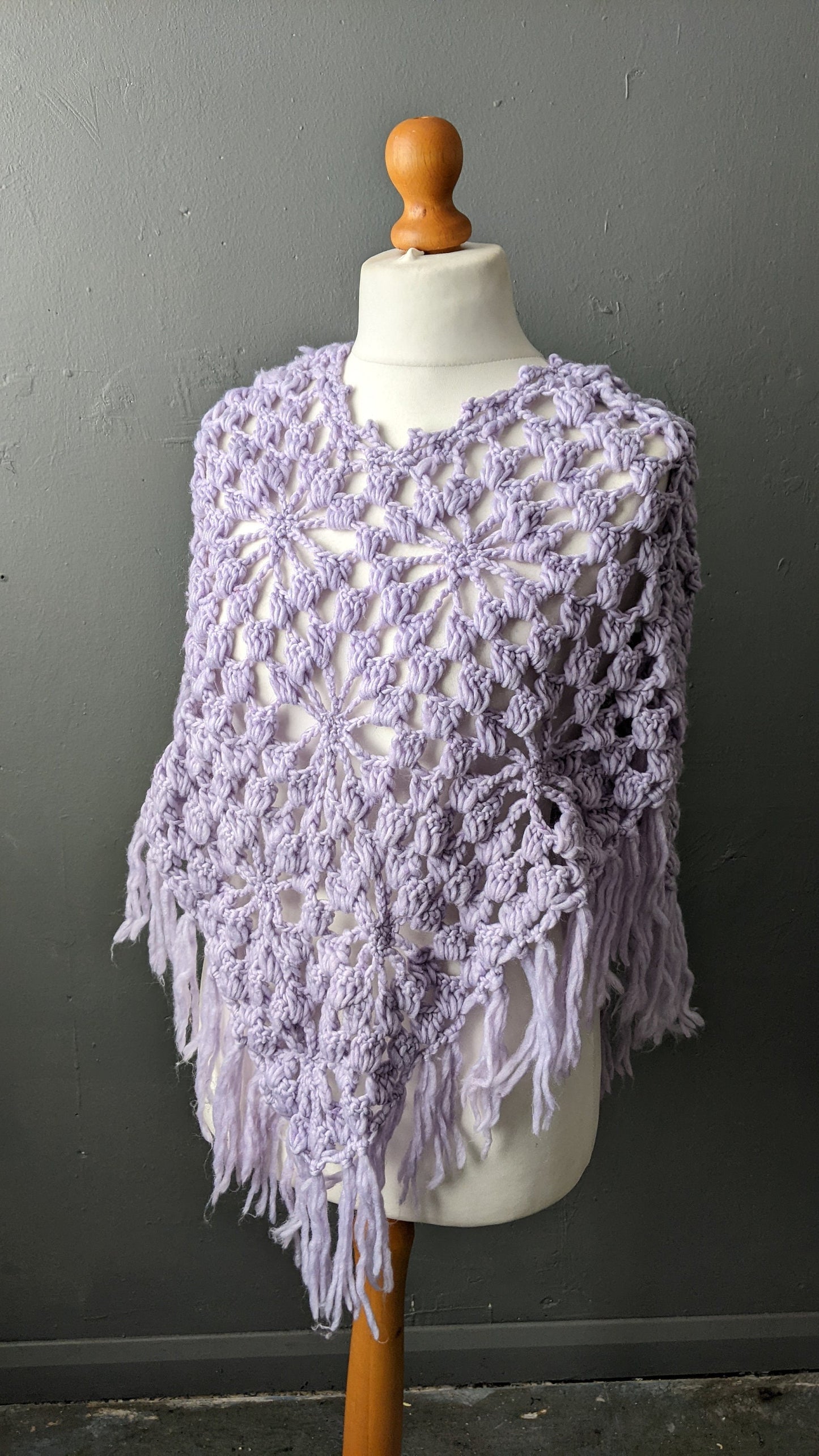 Vintage Pastel Lilac Crochet Poncho with Tassel Fringe, One Size