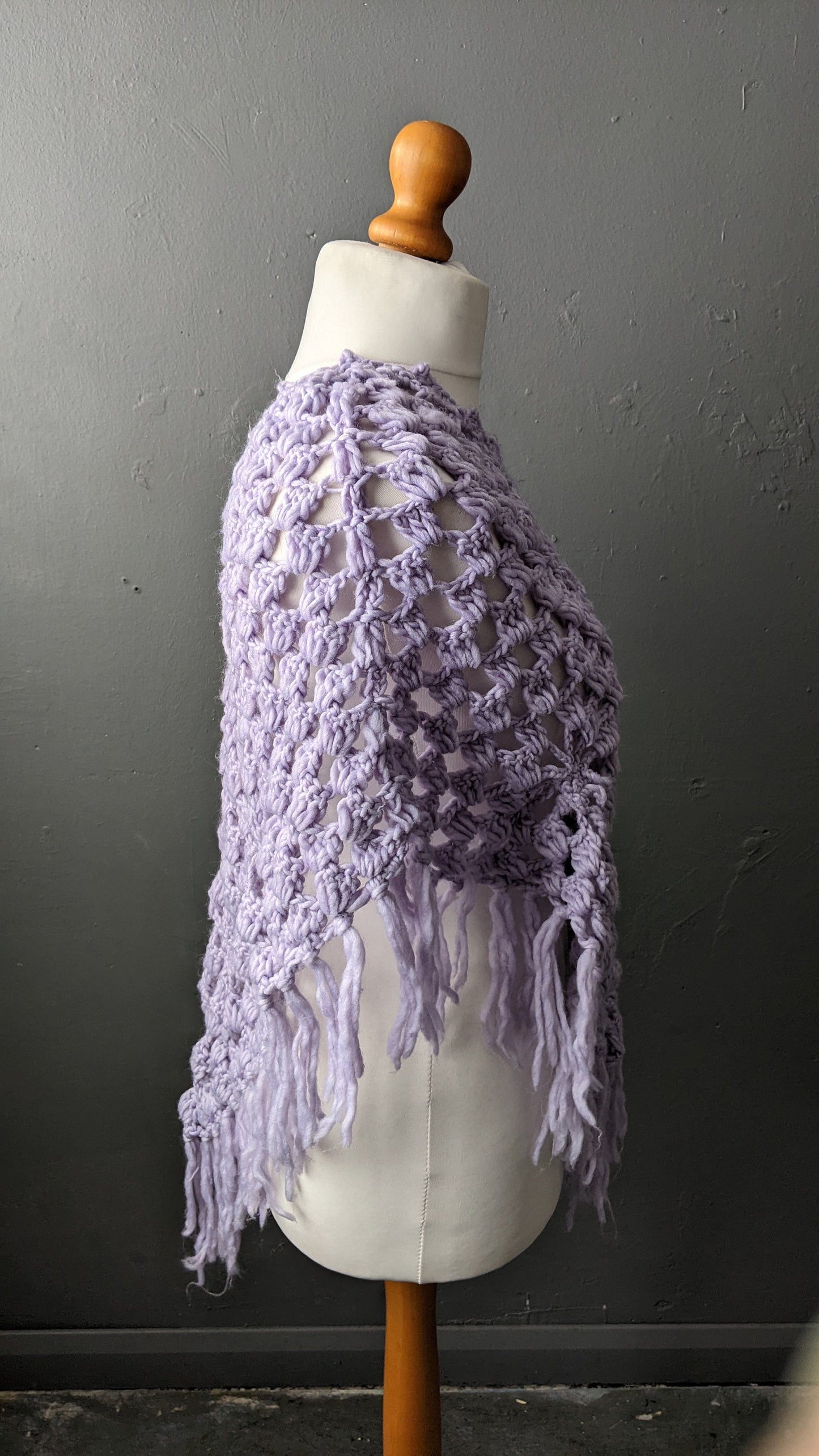 Vintage Pastel Lilac Crochet Poncho with Tassel Fringe, One Size