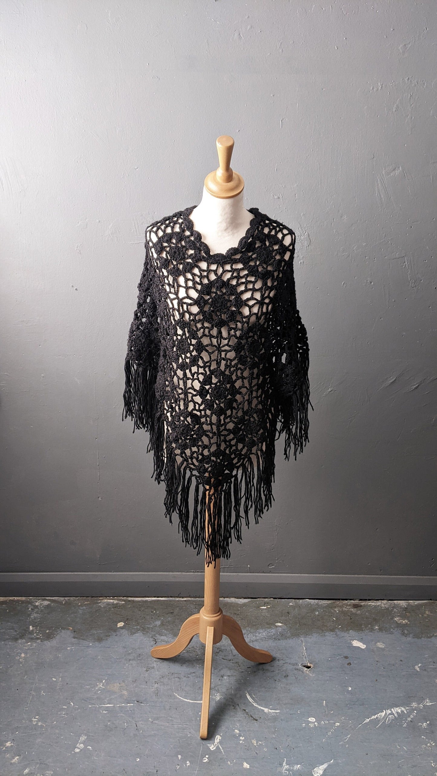 Vintage Black Crochet Poncho with Tassel Fringe, One Size