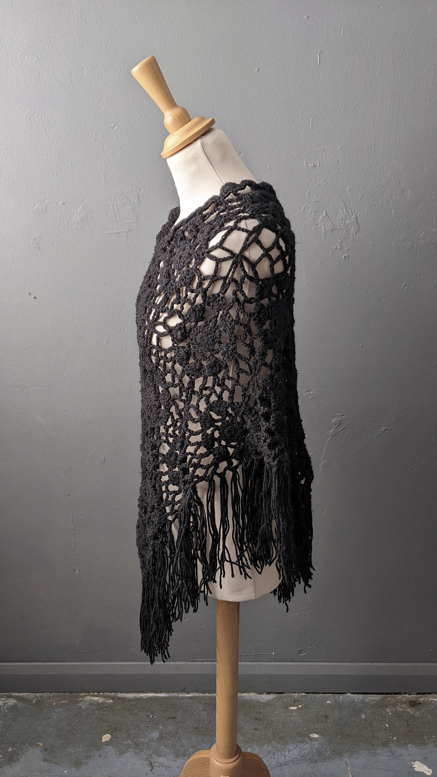 Vintage Black Crochet Poncho with Tassel Fringe, One Size