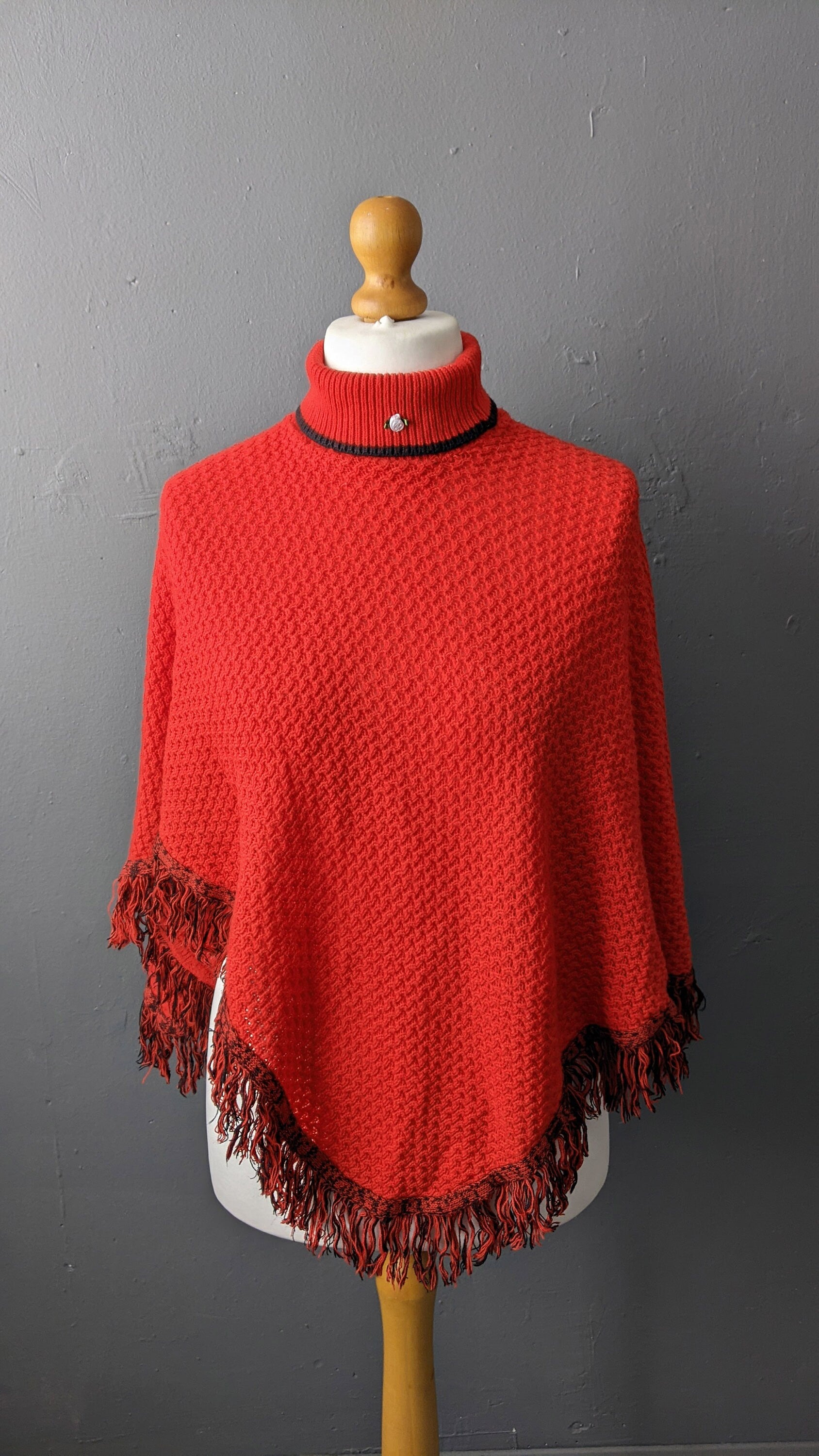 90s Red Wool Rollneck Poncho with Tassel Fringe, One Size