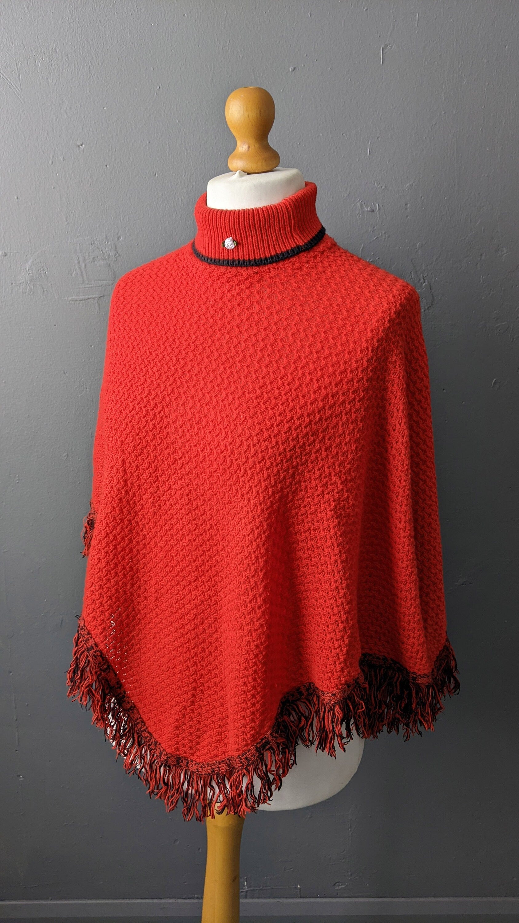 90s Red Wool Rollneck Poncho with Tassel Fringe, One Size