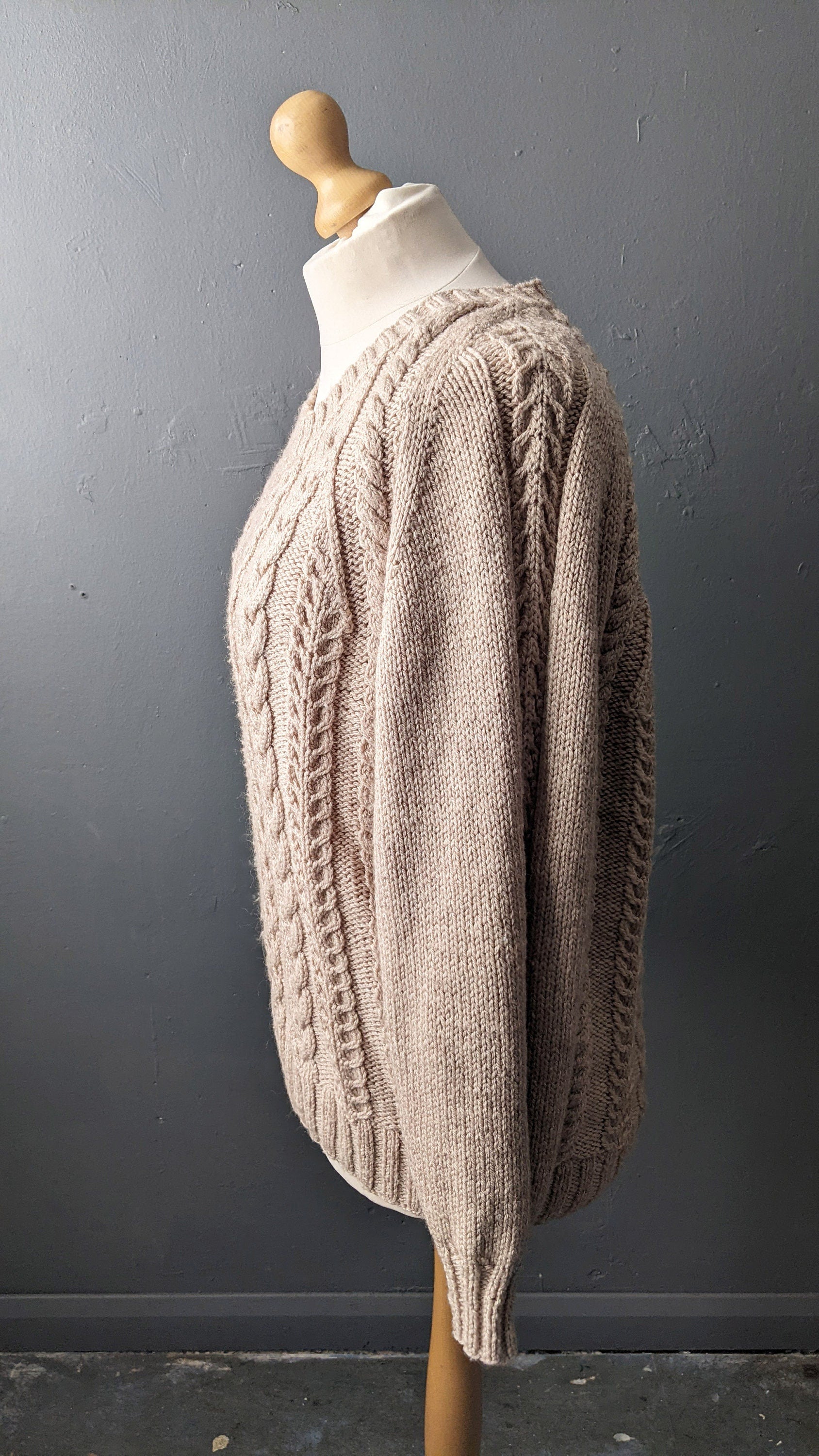 Vintage Aran Wool Jumper, Unisex Cable Knit Pullover, Plus Size 46 Chest