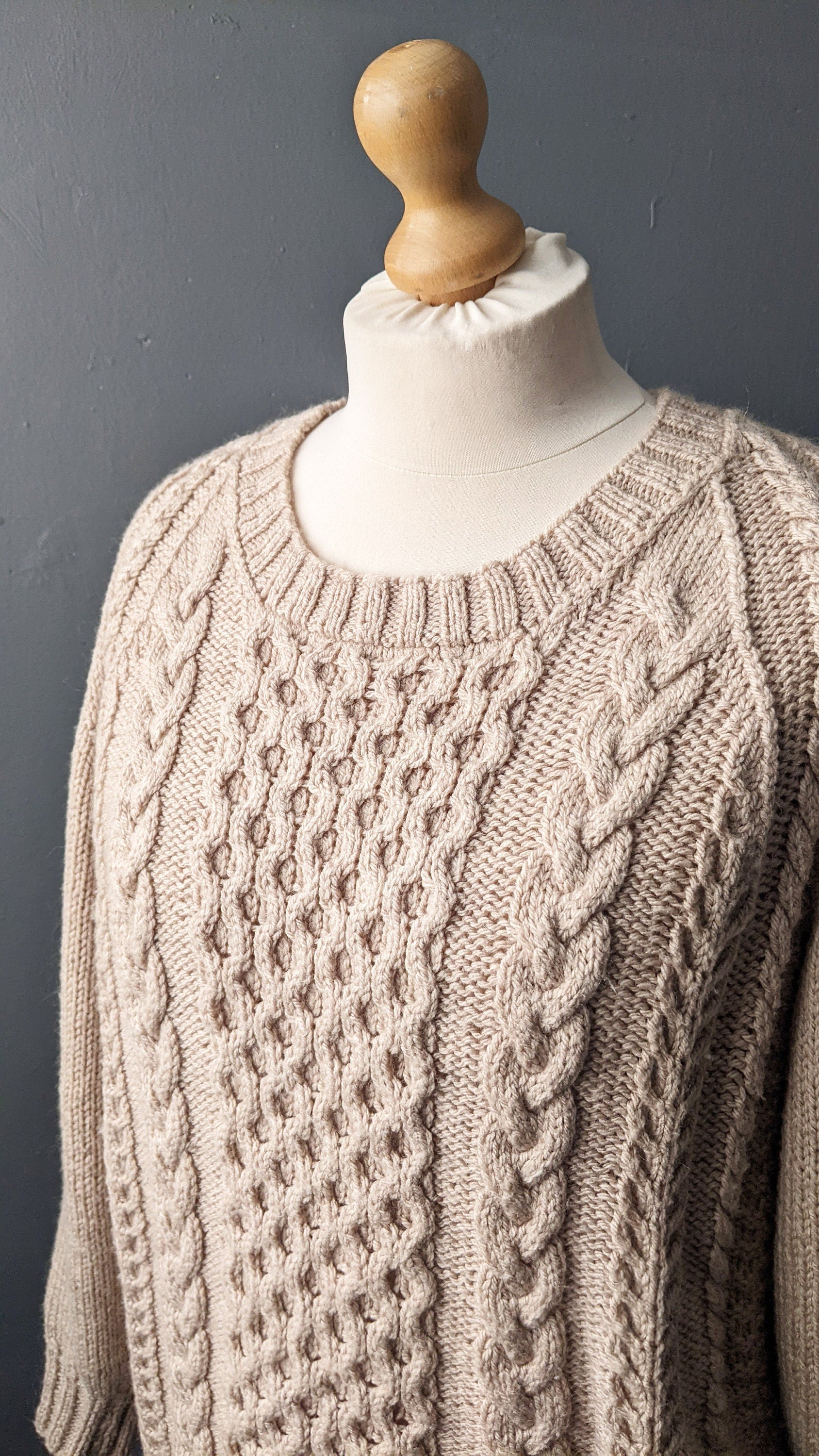 Vintage Aran Wool Jumper, Unisex Cable Knit Pullover, Plus Size 46 Chest
