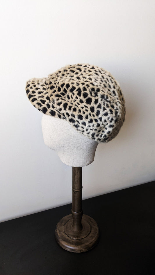 90s Animal Print Fake Fur Cap by C&A, Cheetah Spots Hat, Size Medium