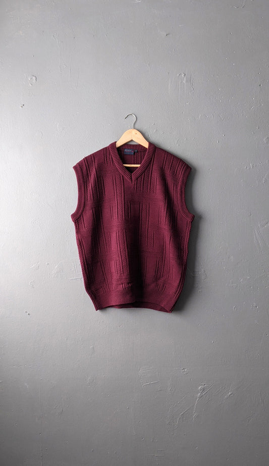 Mens 80s Wine Red Knit Tank Top by Nick Taylor, V Neck Wool Vest, Size Medium 44 Chest