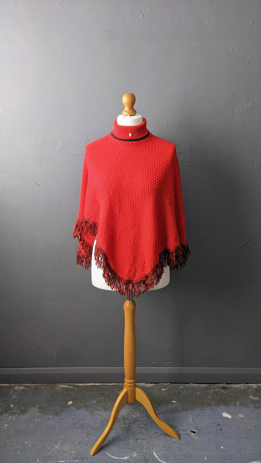 90s Red Wool Rollneck Poncho with Tassel Fringe, One Size