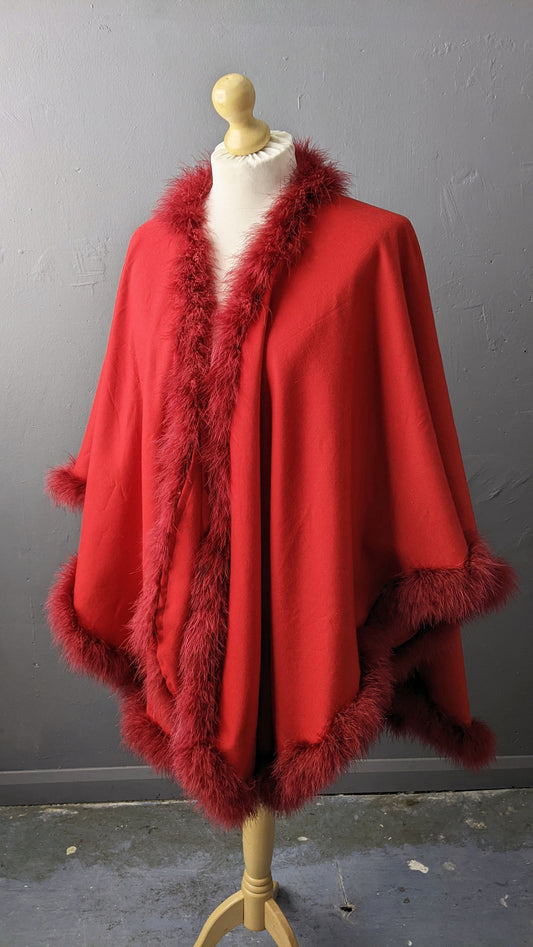 Vintage Marabou Shawl Cape, Feather Trimmed Red Cloak