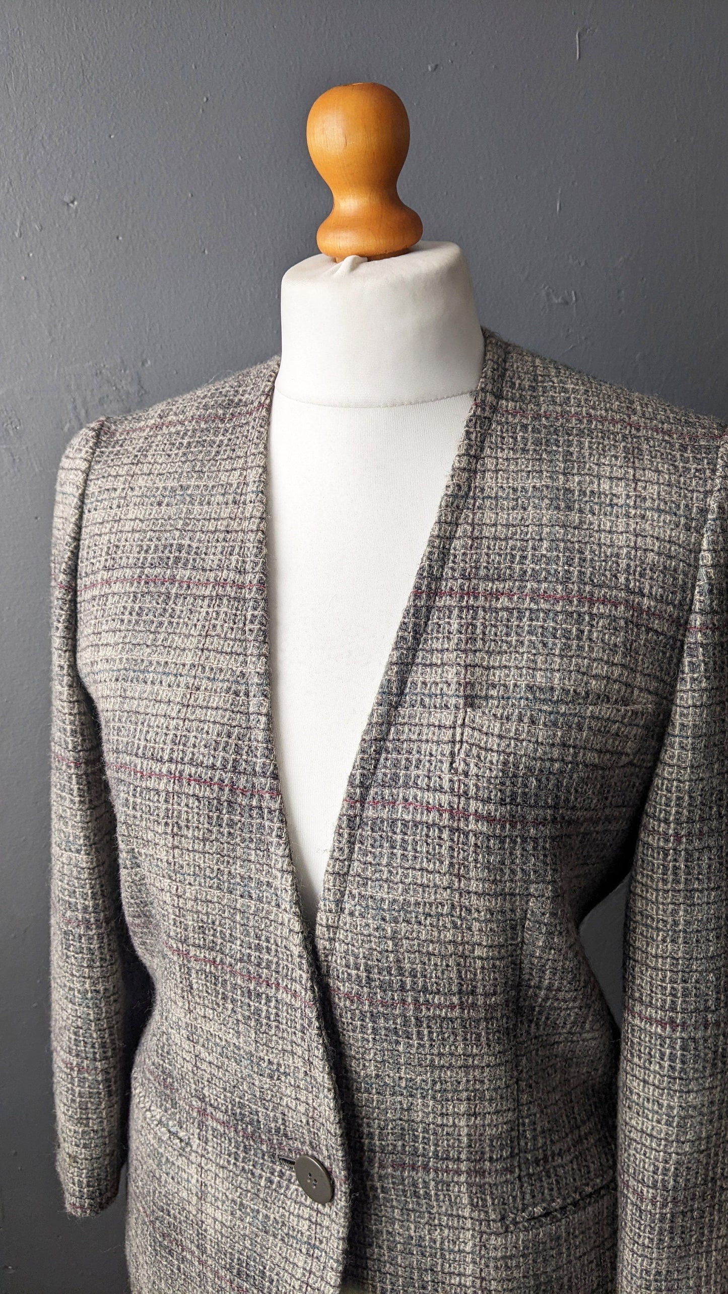 90s Wool Tweed Blazer, Collarless Check Jacket, Size Medium