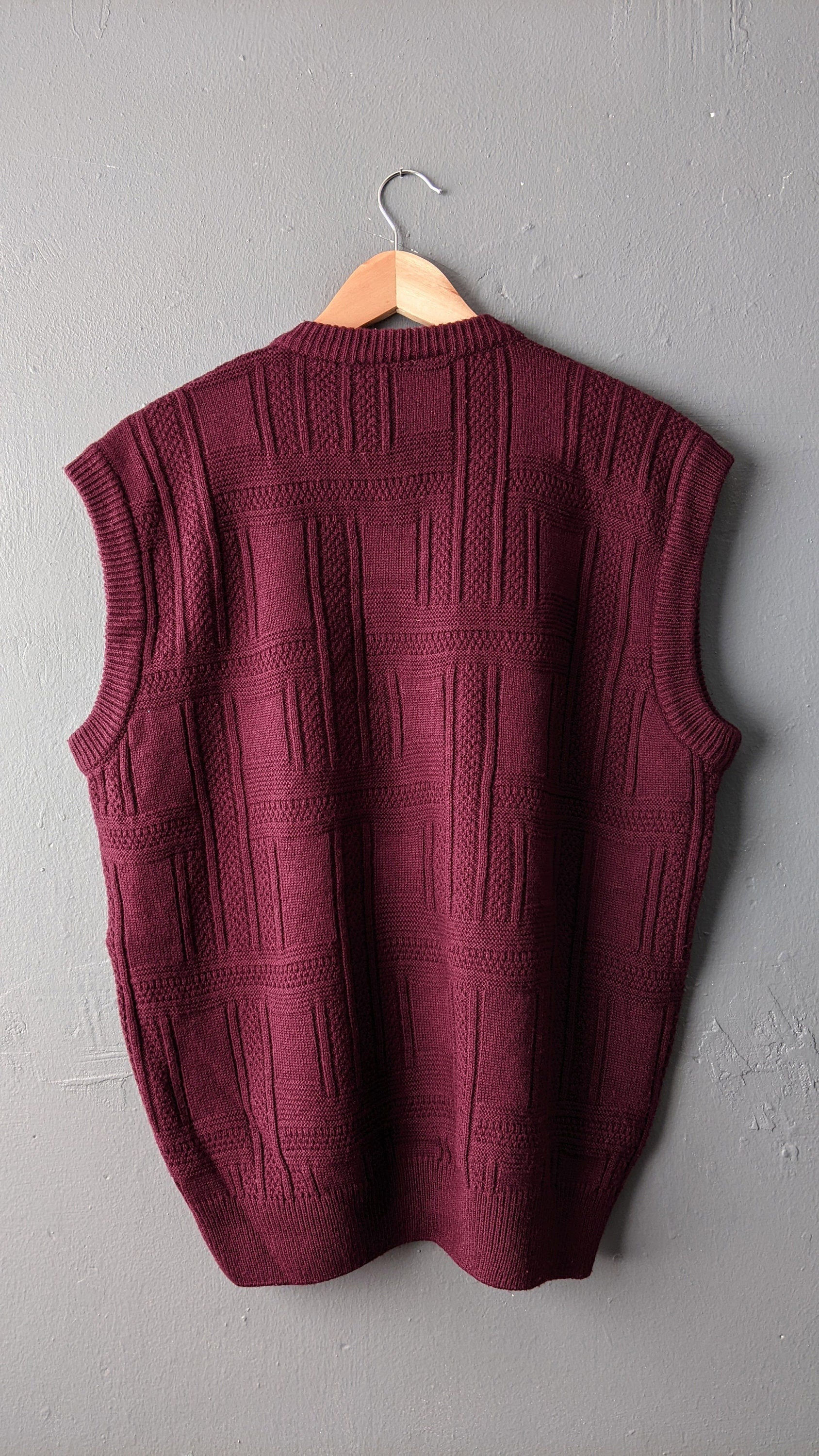 Mens 80s Wine Red Knit Tank Top by Nick Taylor, V Neck Wool Vest, Size Medium 44 Chest