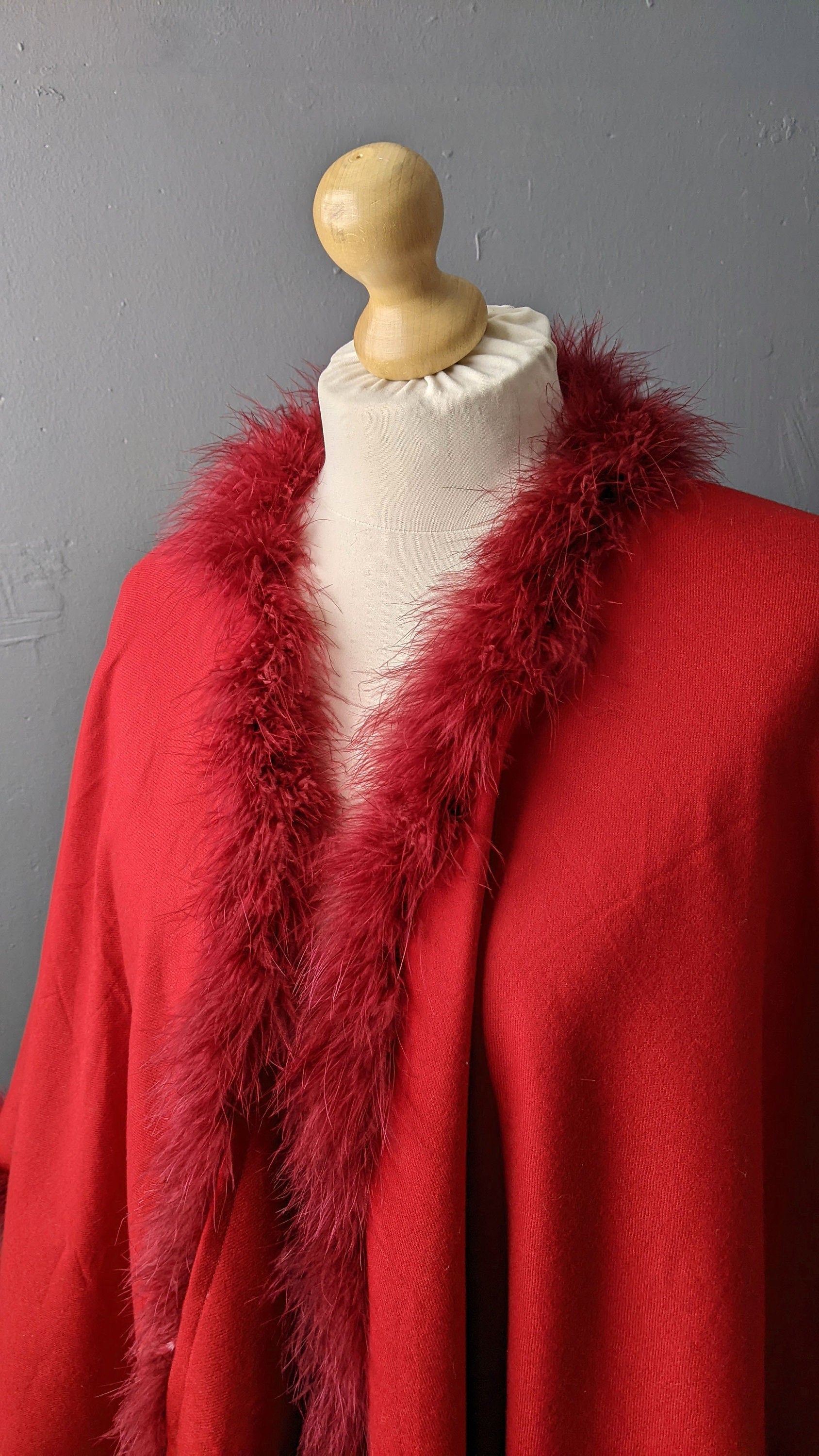 Vintage Marabou Shawl Cape, Feather Trimmed Red Cloak