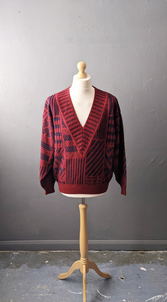 Mens 80s Deep V Neck Jumper, Burgundy Wool Blend Knit Pullover, 46 Chest