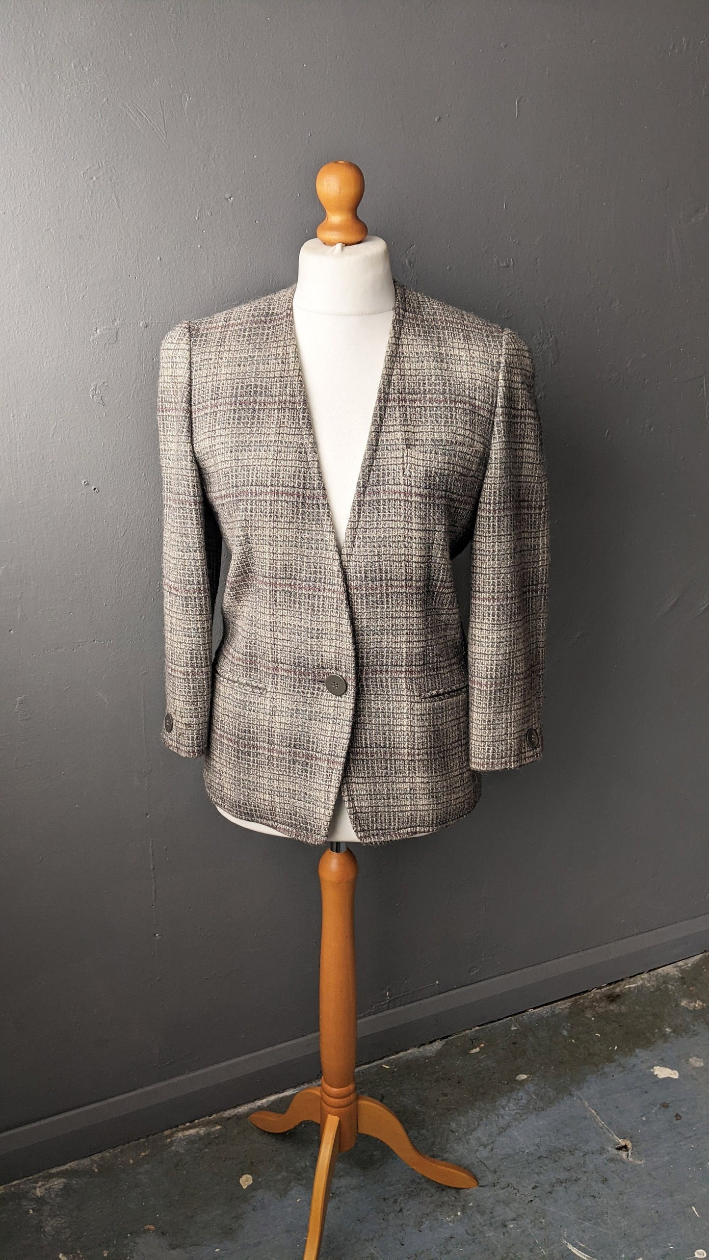 90s Wool Tweed Blazer, Collarless Check Jacket, Size Medium