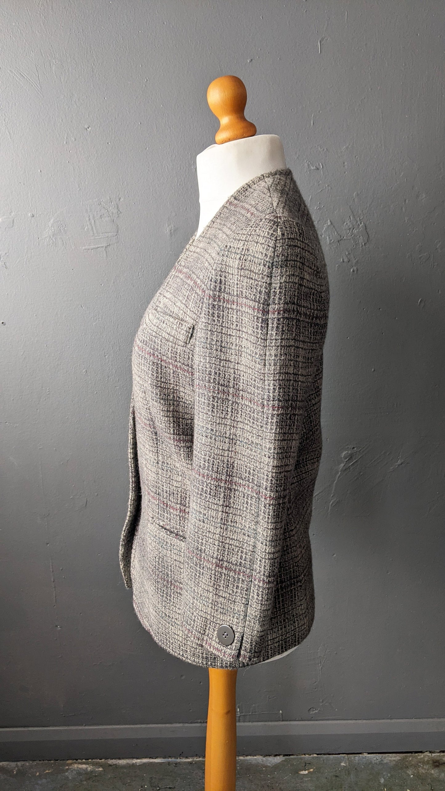 90s Wool Tweed Blazer, Collarless Check Jacket, Size Medium