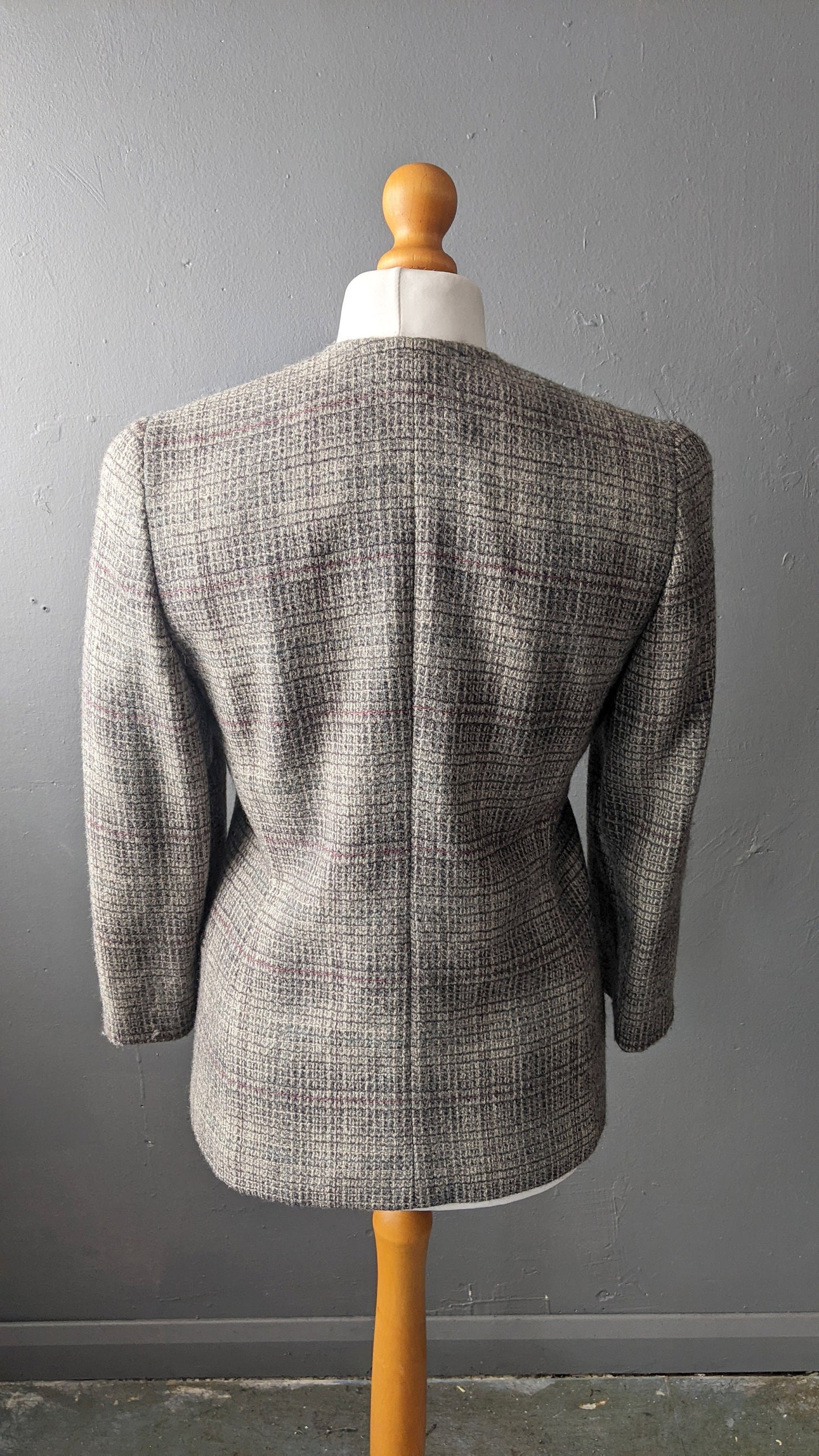 90s Wool Tweed Blazer, Collarless Check Jacket, Size Medium