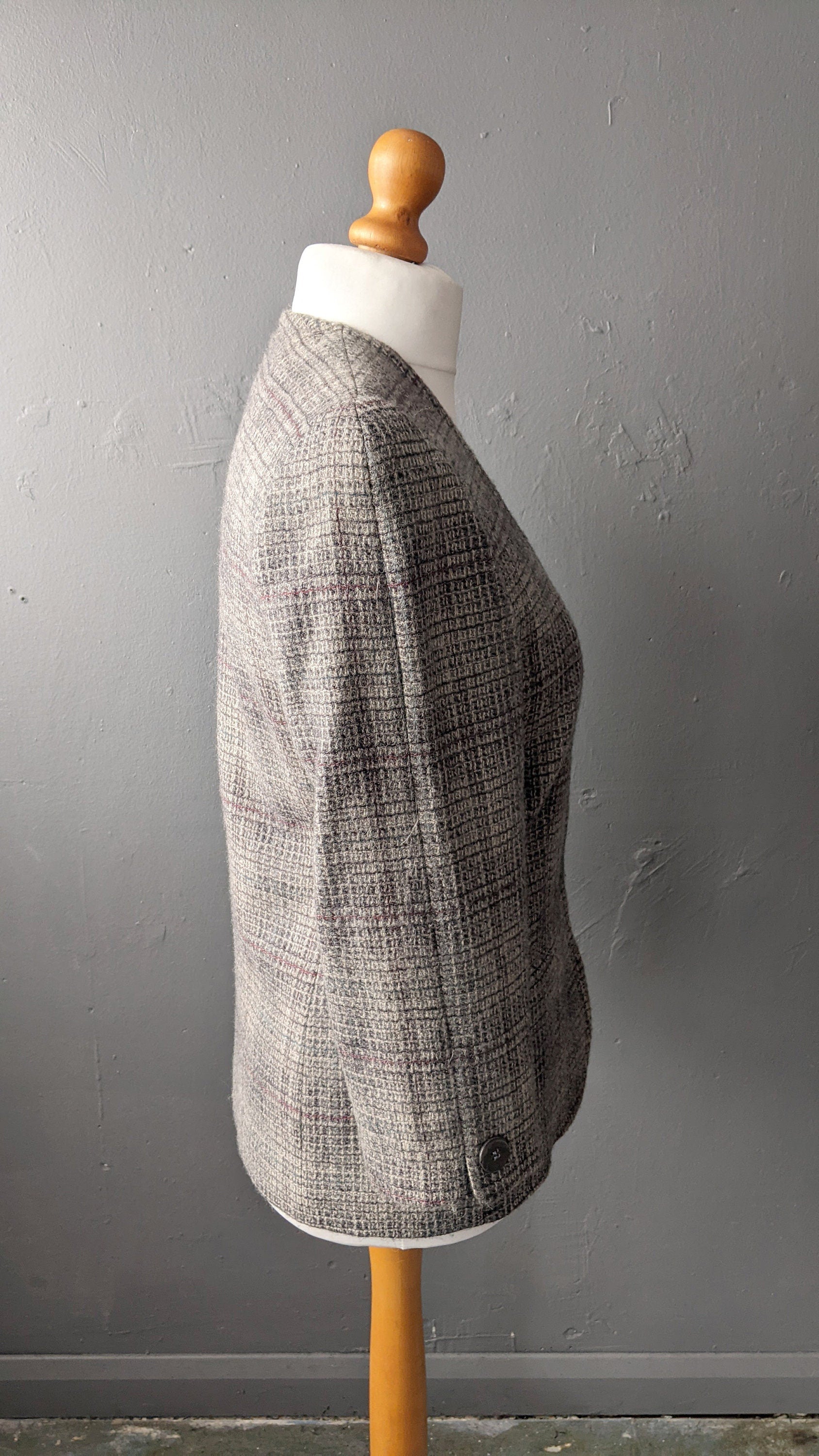 90s Wool Tweed Blazer, Collarless Check Jacket, Size Medium