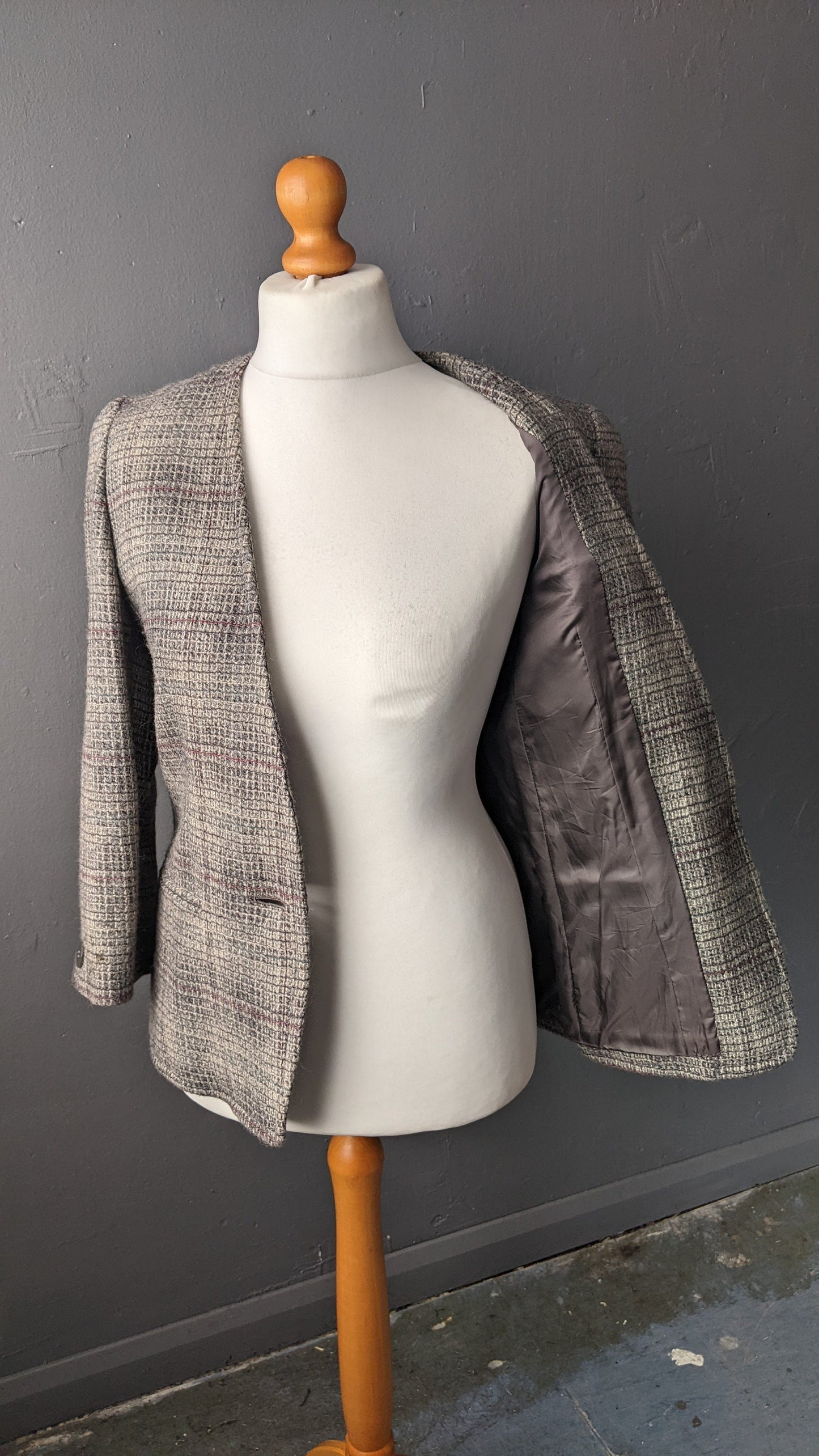 90s Wool Tweed Blazer, Collarless Check Jacket, Size Medium