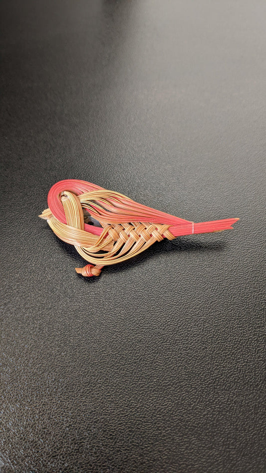 Vintage Red Bird Brooch, Rattan Quilling Pin