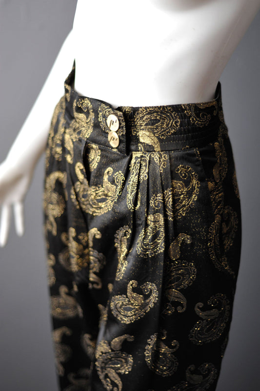 80s Paisley Brocade Trousers, Metallic Gold Eveningwear, Size Small