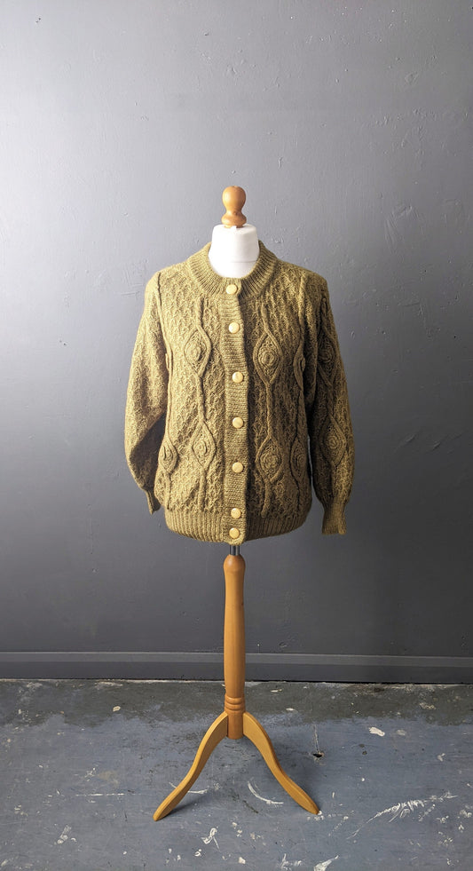 90s Olive Wool Cable Knit Cardigan, Oversized Chunky Coatigan, Size Medium Large