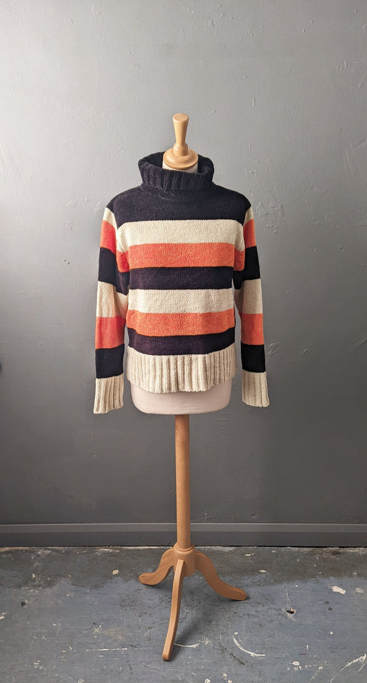 90s Autumnal Stripes Chenille Knit Jumper, Vegan High Neck Knitwear, Size Large