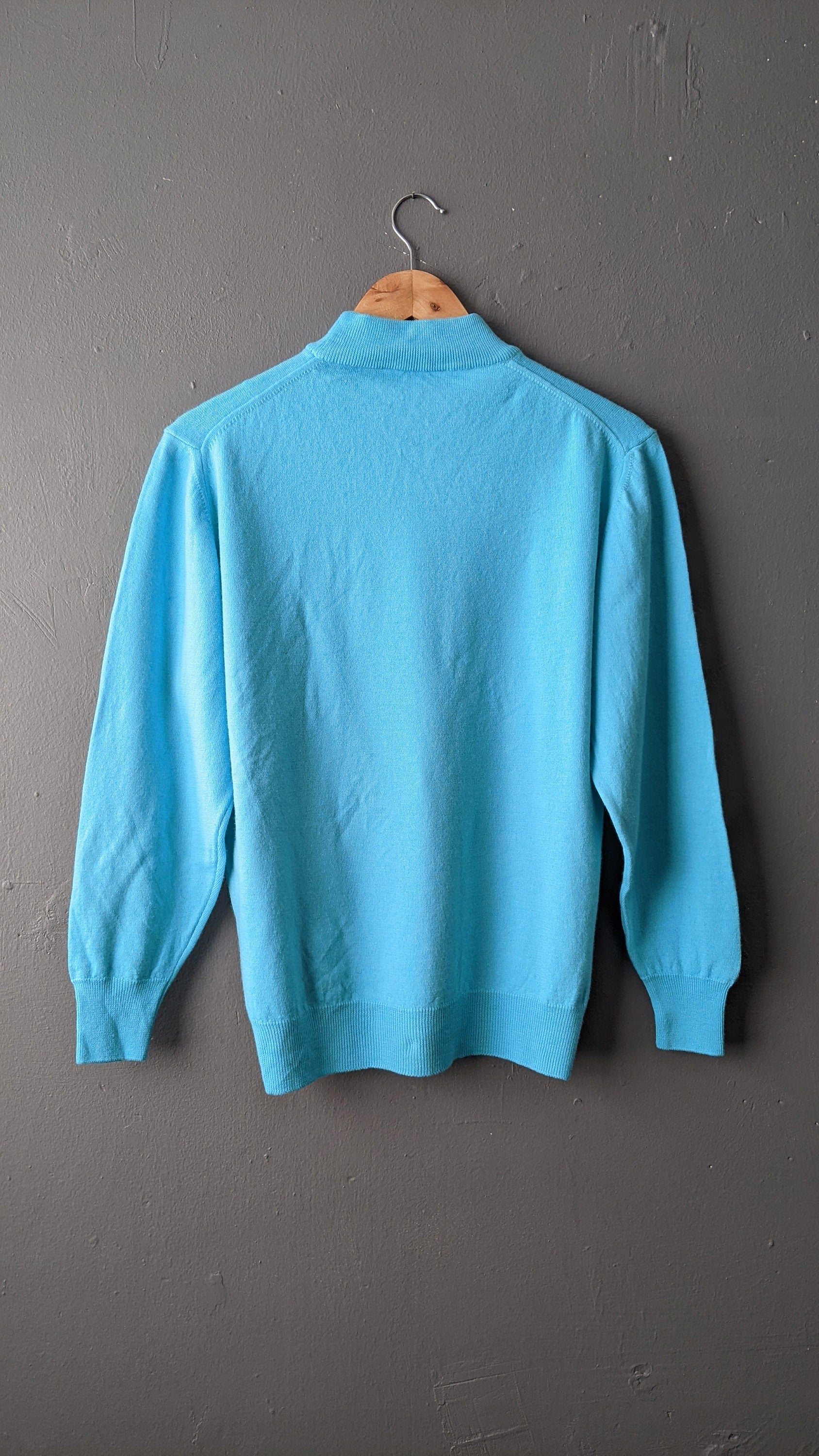 90s Aqua Blue High Neck Jumper, Wool Blend Pullover, Size Medium Large