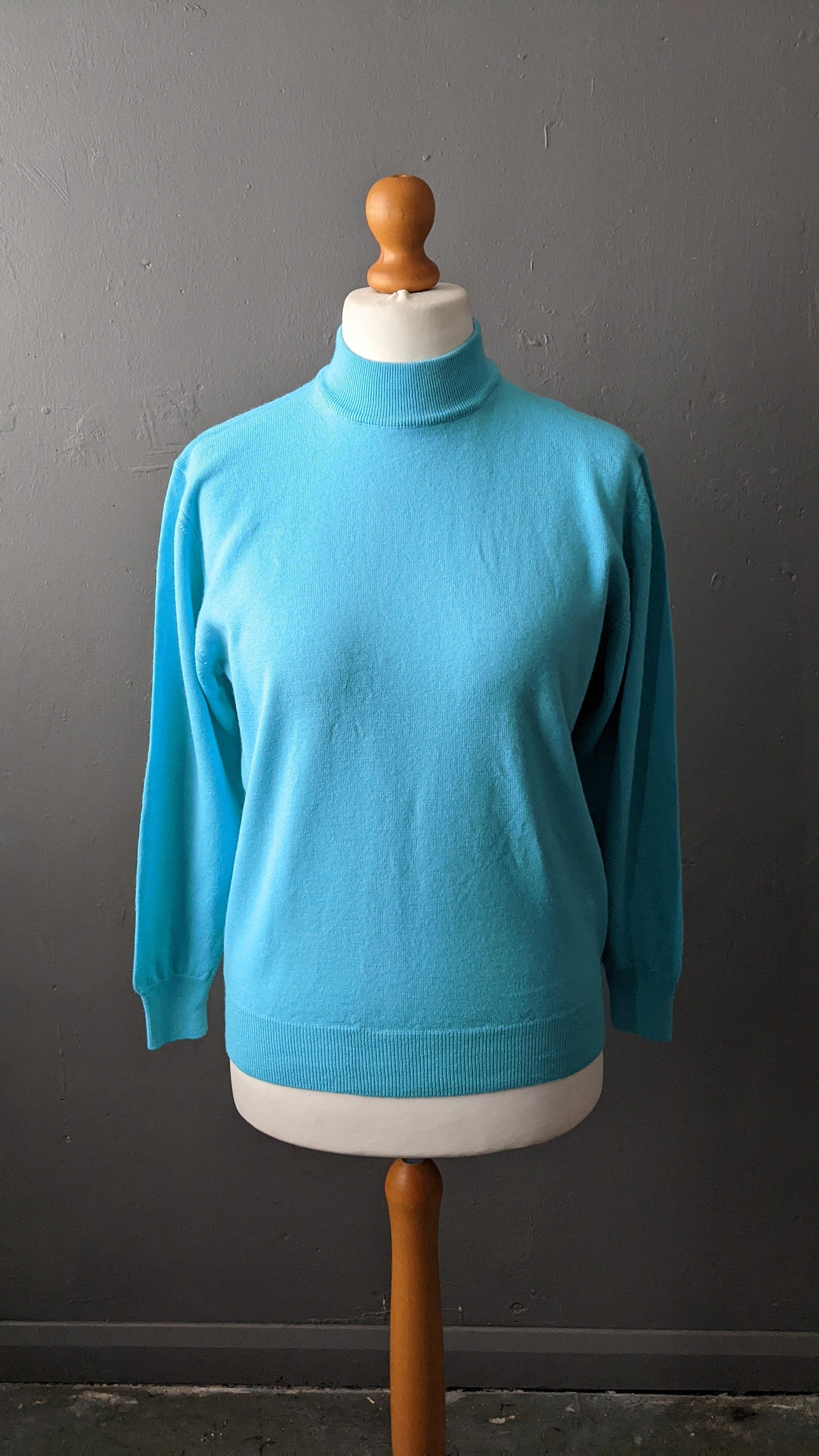 90s Aqua Blue High Neck Jumper, Wool Blend Pullover, Size Medium Large
