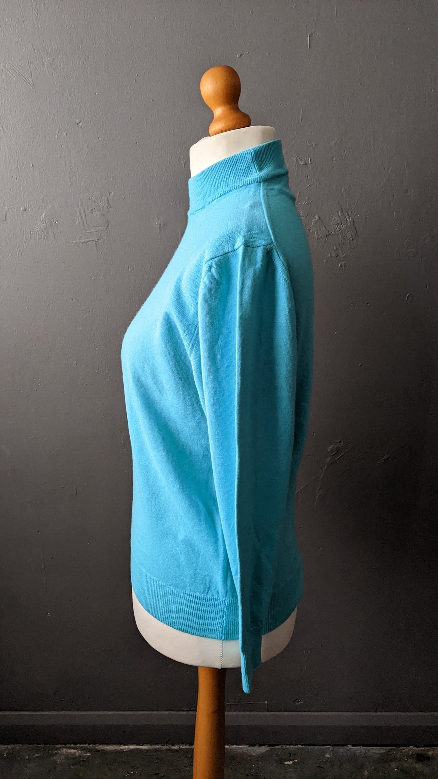 90s Aqua Blue High Neck Jumper, Wool Blend Pullover, Size Medium Large