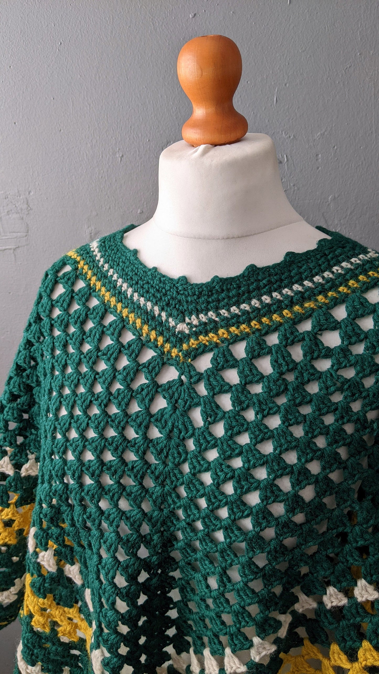 Vintage 70s Forest Green Crochet Poncho, One Size